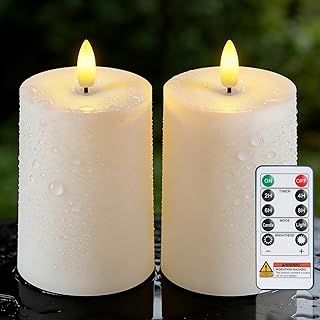 Raycare 3"x4.5" White Outdoor Waterproof Flameless Candles with Remote and Timer, Realistic LED Candles, Battery Operated Electric Fake Pillar Candles for Porch, Patio, Garden, Set of 2