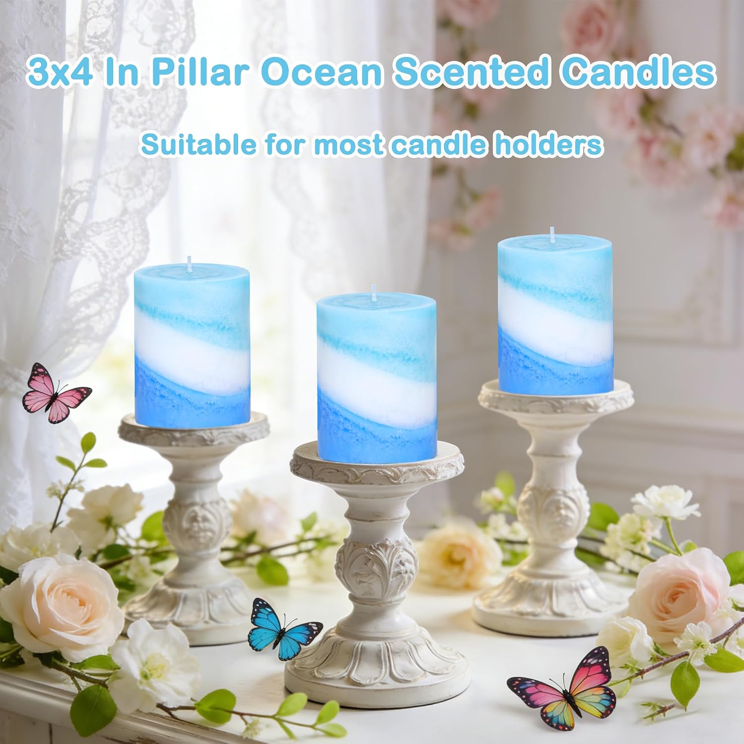 Ocean Scented Pillar Candles, 3x4 Inch, Handmade Striped Paraffin Wax Candles with 100% Cotton Core, 1PC Scented Candle 50+ Hour Burn Time, Set of 3
