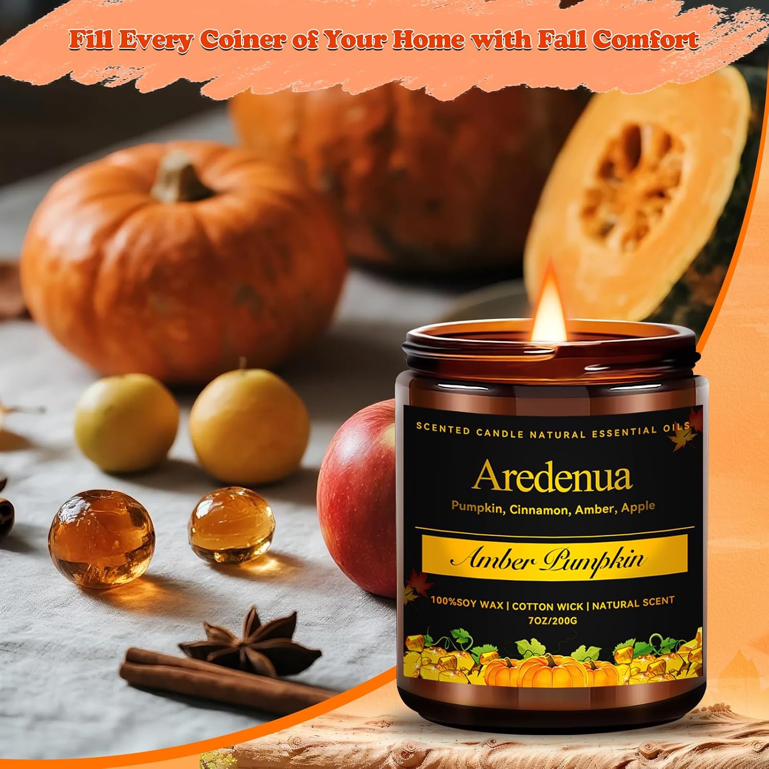 Amber Pumpkin Candle – Warm Holiday Pumpkin Scent, Hand-Poured Soy Candles for Winter Home Décor, Cozy Christmas Seasonal Candles Gift