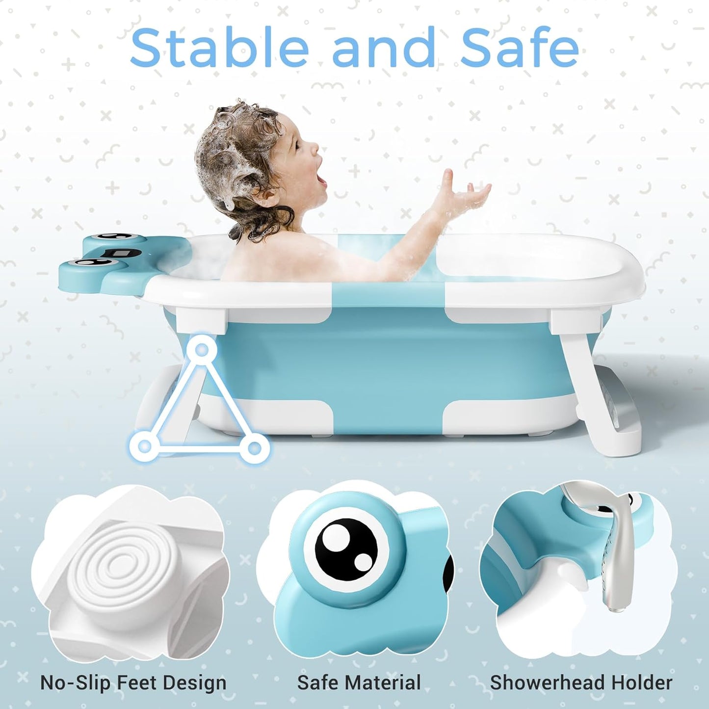 BUNWAG Baby Bathtub, Collapsible Newborn Bathtub for Infant to Toddler with Soft Cushion and Thermometer,Portable Travel Newborn Tub with No-Slip Feet, Baby Shower Gifts, 0-12 Months Baby Bath, Blue