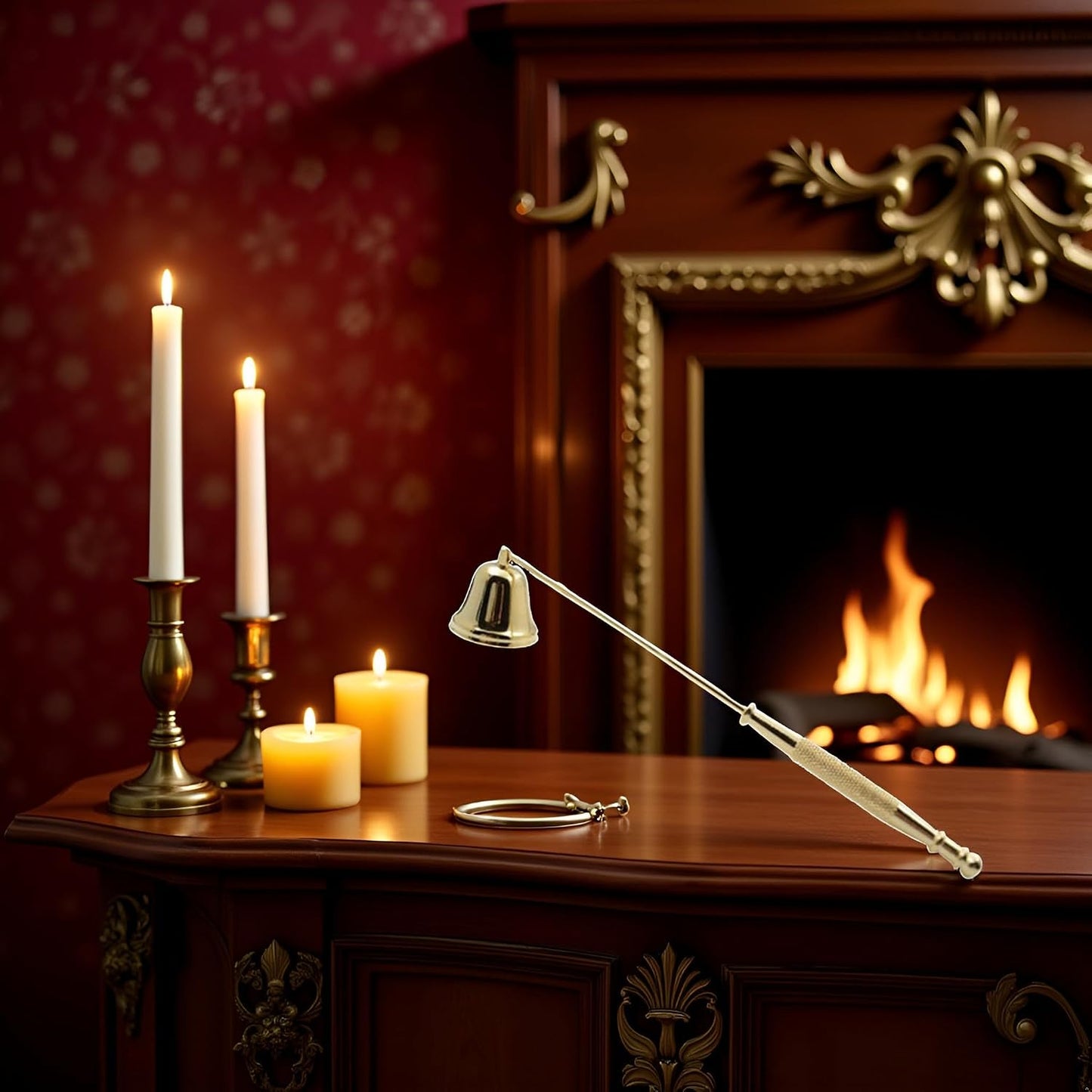 Gold Metal Candle Snuffer with Long Handle,Wick Extinguisher,Elegant Home Decor, Candle Accessories and Fireplace Tools (Antique Gold Finish)