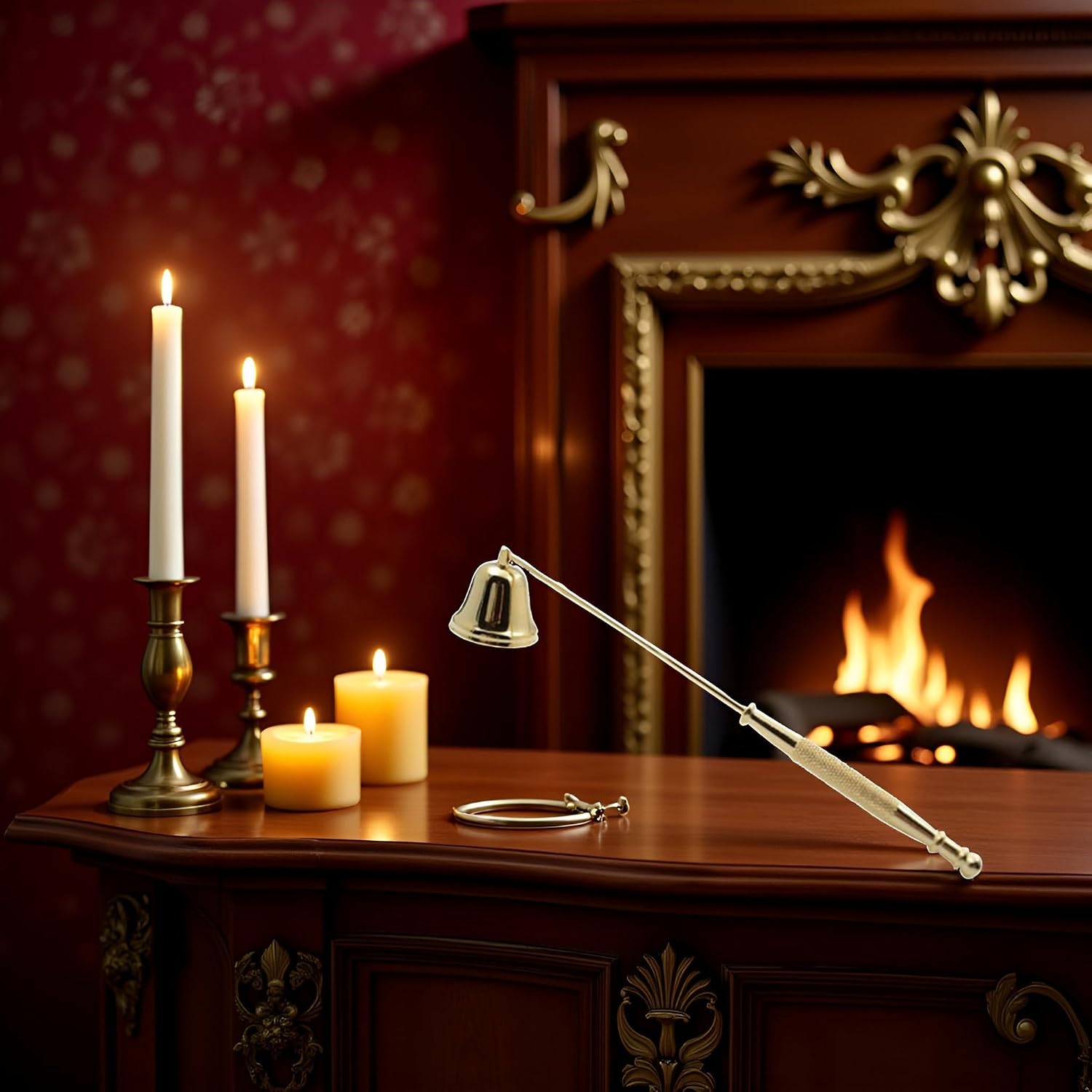 Gold Metal Candle Snuffer with Long Handle,Wick Extinguisher,Elegant Home Decor, Candle Accessories and Fireplace Tools (Antique Gold Finish)