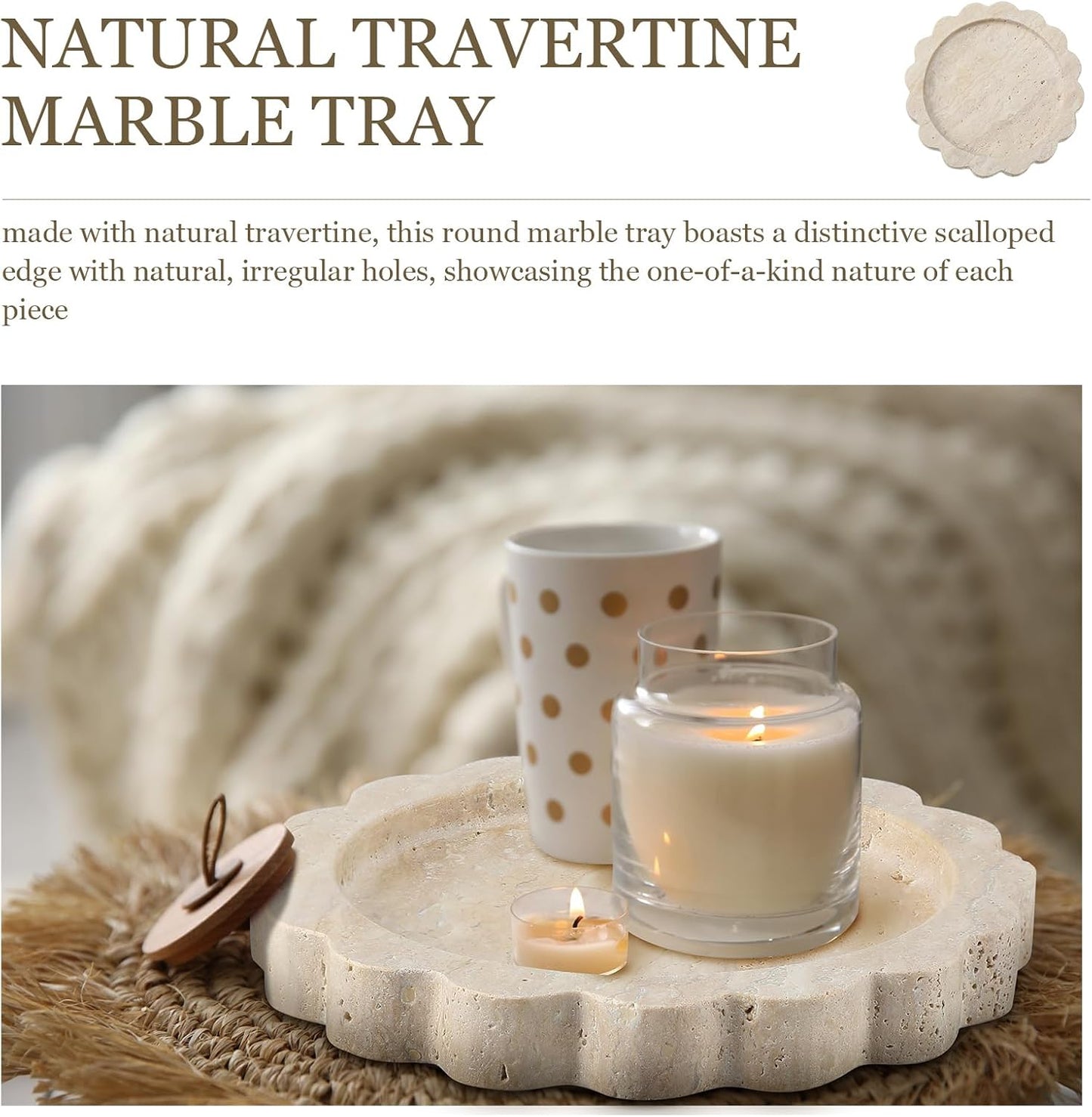 Threehoney 5.5 Inch Small Travertine Stone Tray Marble Jewelry Dish Trinket Tray for Women, Perfume, Coffee Table(Round,Scallop)