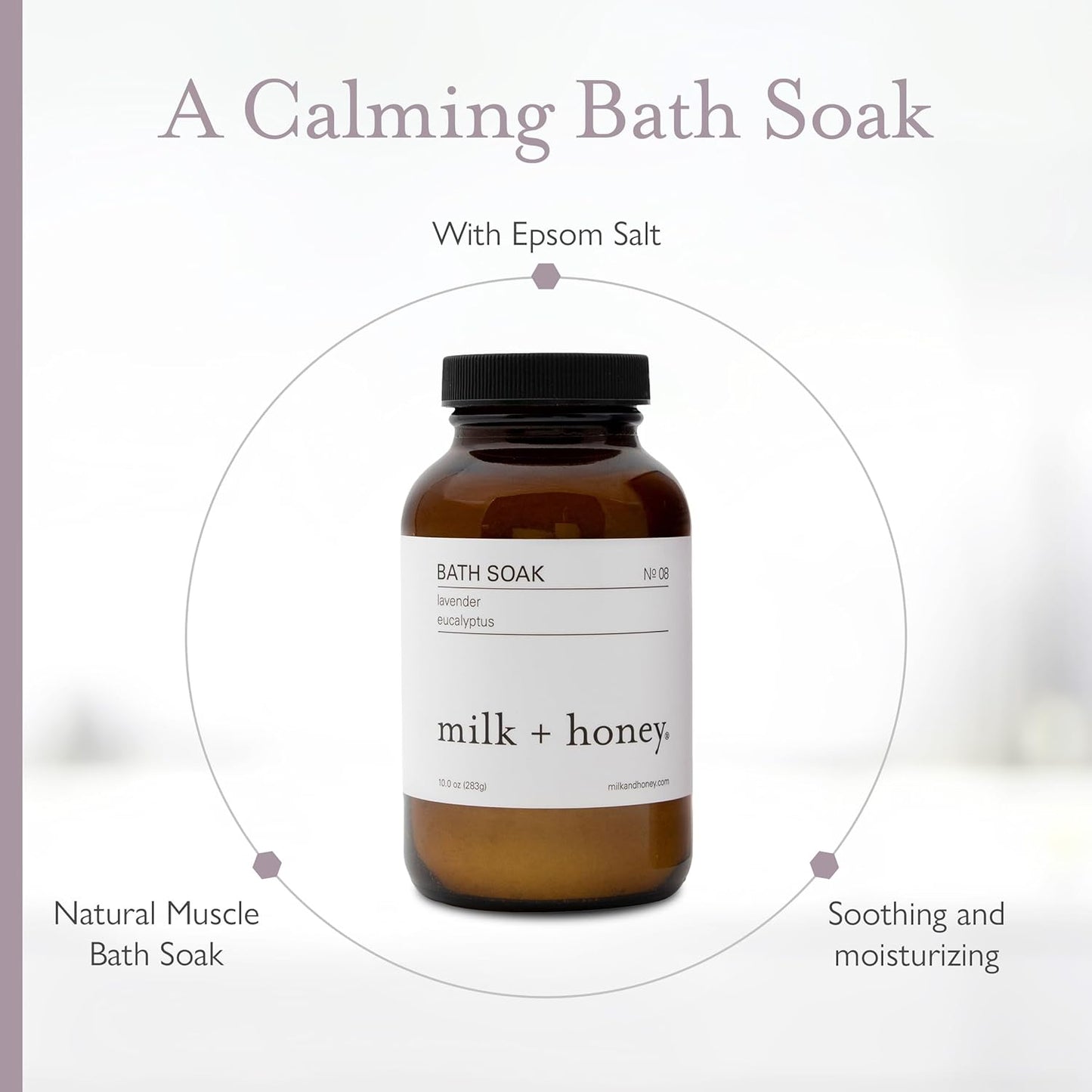 Milk + Honey Calming Bath Soak No. 8 – Moisturizing Epsom Salt with Lavender & Eucalyptus – Relaxing Aromatherapy Soak for Sore Muscles, Dry Skin & Stress Relief – 10 oz