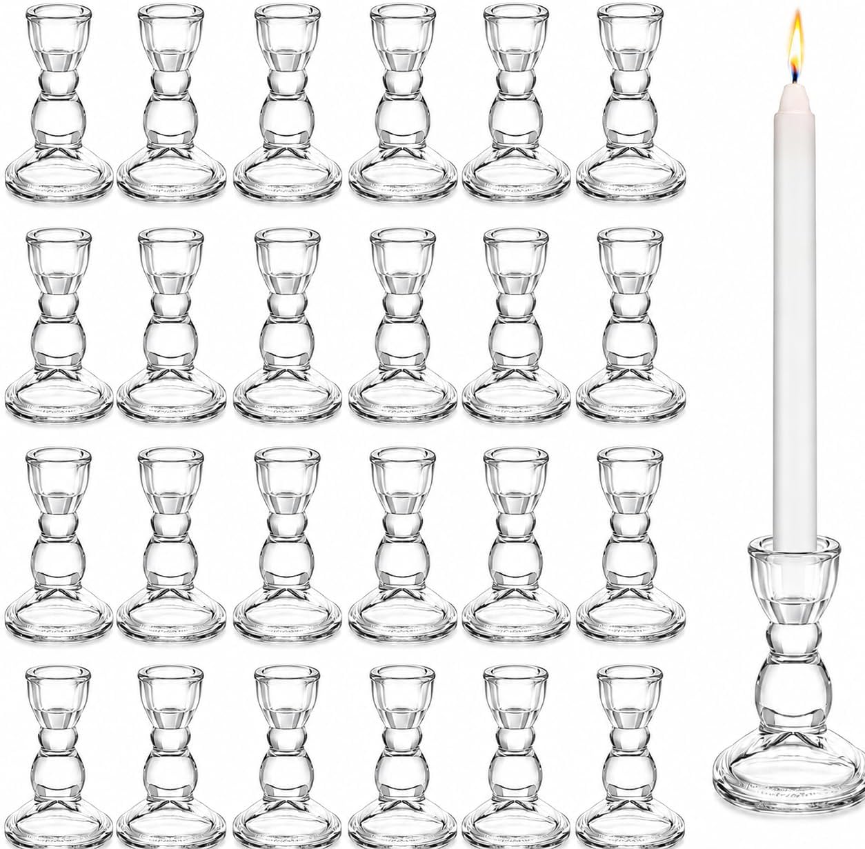 Lanttu 24 Pcs Candlestick Holders Bulk, 2.56 x 3.55in Clear Taper Candle Holders, Glass Candle Holders Set for Wedding Table, Party, Windowsill Decor