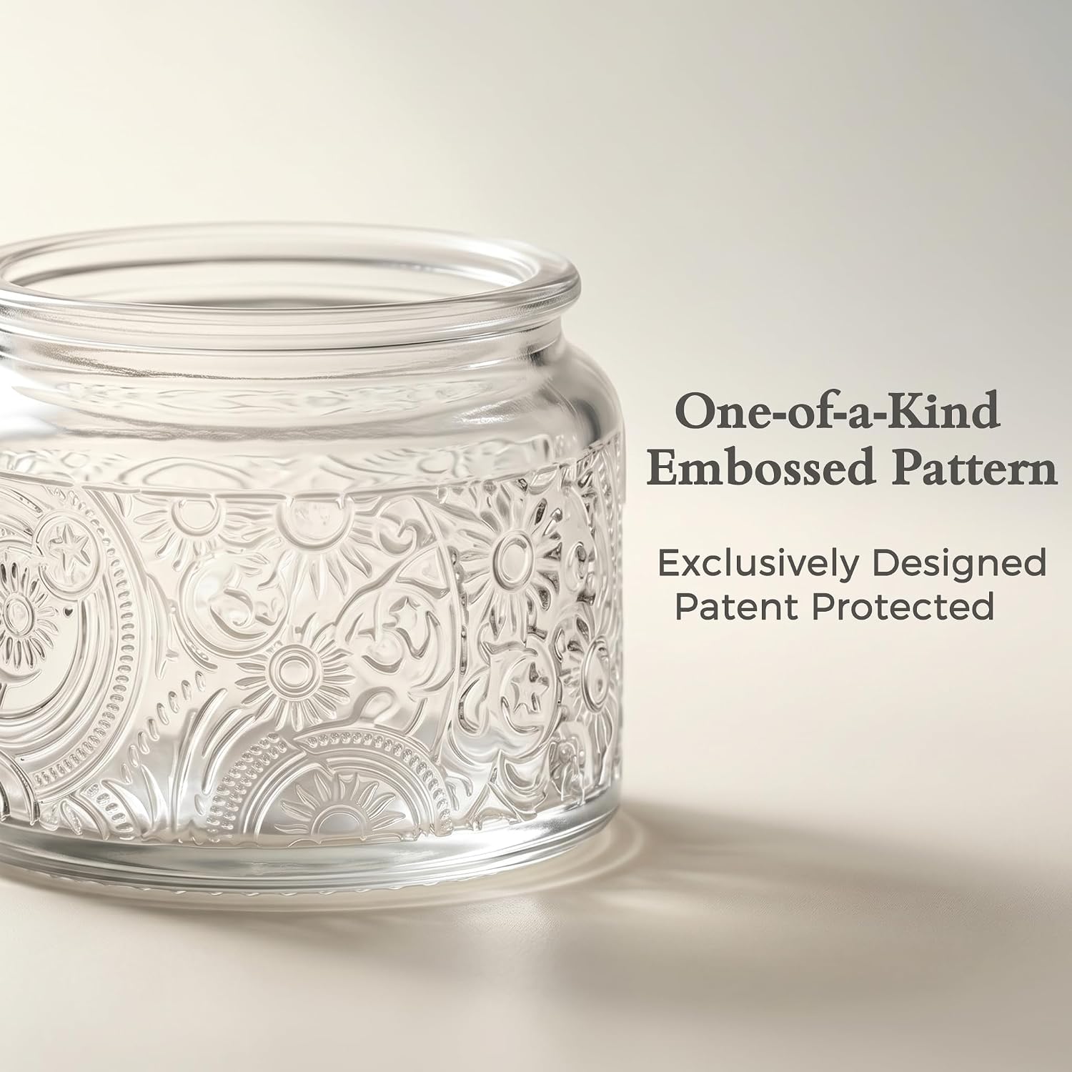 4 oz Clear Sun Moon Stars Candle Jars with Metal Lids, 18 Pack | Patented Embossed Design, Includes Wick Centering Devices & Warning Labels, Multiple Color Options