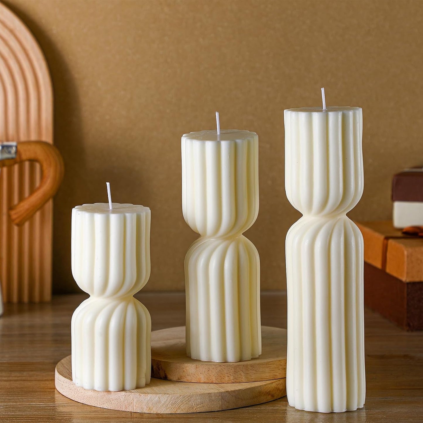 Conelist Ribbed Pillar Candles Set of 3 Width 2.4" High 5.5" 7" 9" Handmade Scented Soy Wax Candle Natural Aesthetic Candles Housewarming Gift Decorative Candles for Home Decor(White)
