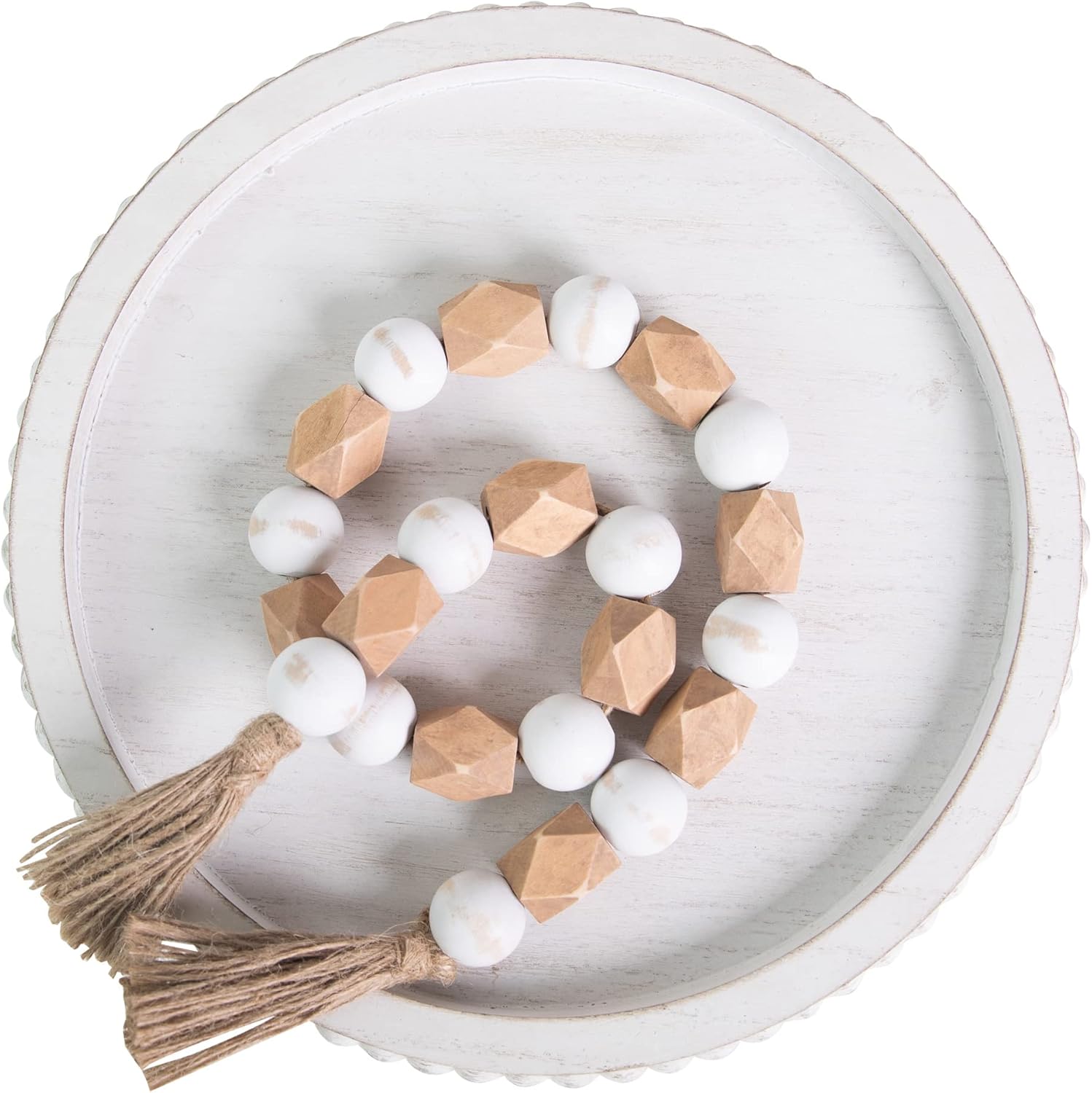 HPC Decor 12in Round Wood Tray - White, Distressed, Farmhouse Rustic - Decorative Tray for Living Room, Coffee Table, Kitchen Table or Farmhouse Serving Tray
