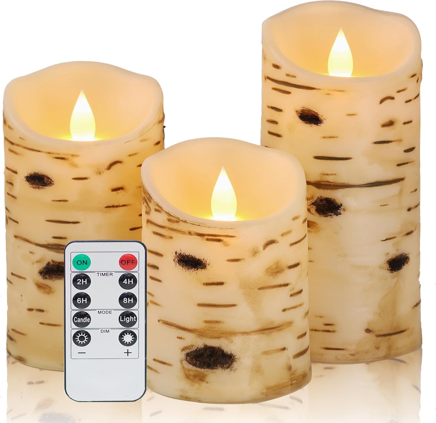 Comenzar Flameless Candles Birch Bark Texture, Flickering Flame Battery Operated LED Candles, Electric Plastic Candles with Remote Timer for Home Decor, Rustic Wedding Centerpiece, Gift Set of 3