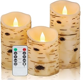 Comenzar Flameless Candles Birch Bark Texture, Flickering Flame Battery Operated LED Candles, Electric Plastic Candles with Remote Timer for Home Decor, Rustic Wedding Centerpiece, Gift Set of 3