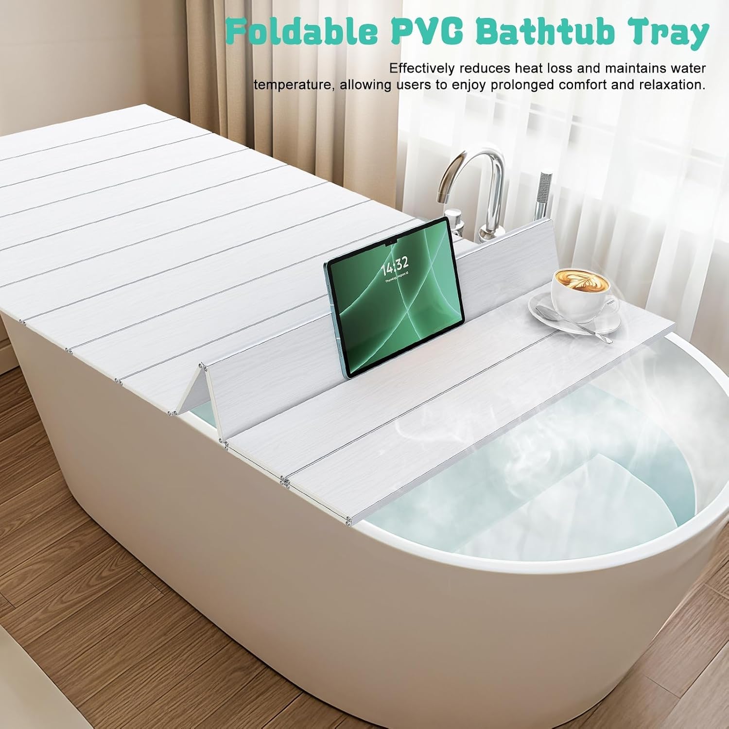 Foldable Bathtub Cover, 63 x 31.5 in Bath Tub Tray Waterproof, Folding Bath Cover Insulation Table Dust Board, PVC Shutter Bathtub Lid Plate Fits Most Tubs for Bathroom Shower, White