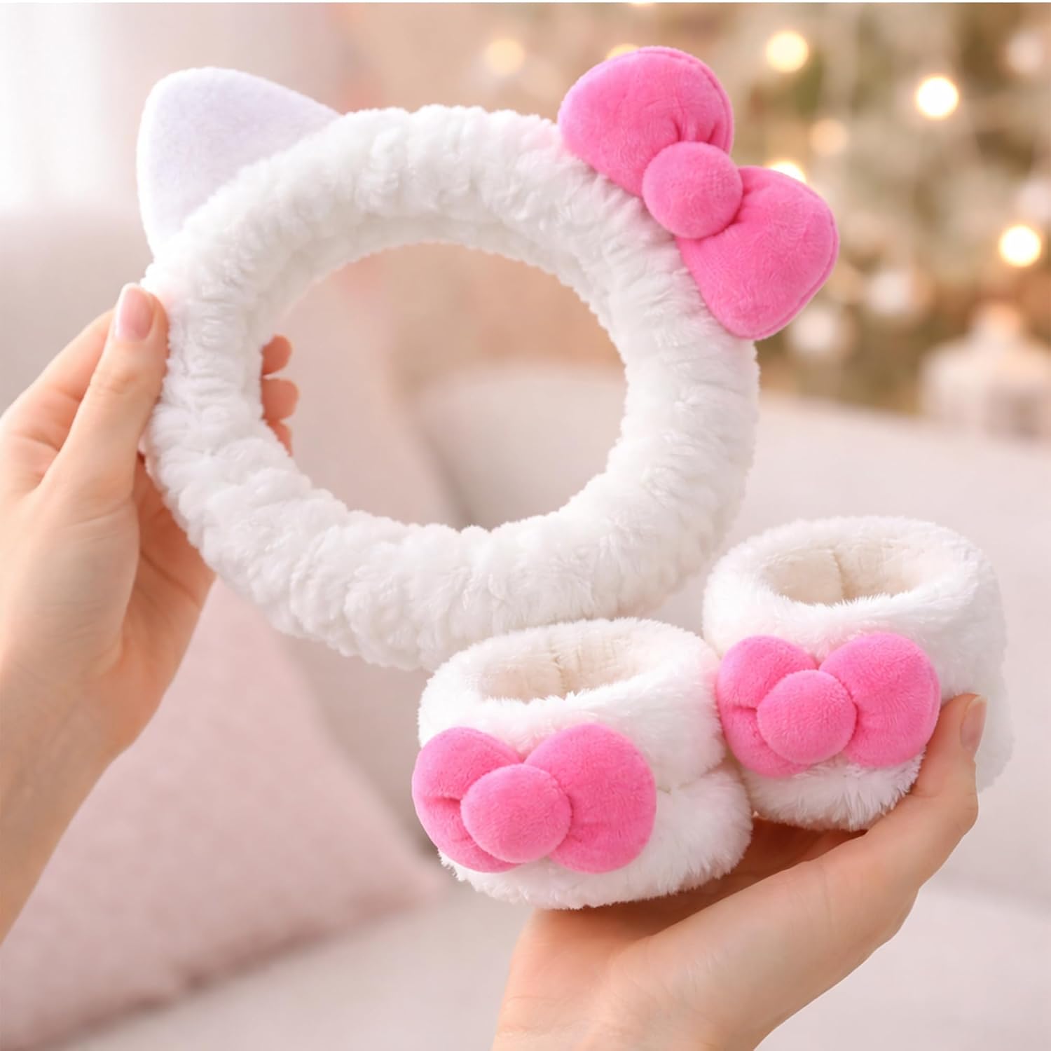 Cat Bow Makeup Headband for Skincare, 3 Pack Cute Spa Makeup Headband Set for Women, Cat Ear Bow Washing Face Headbands with Wristbands