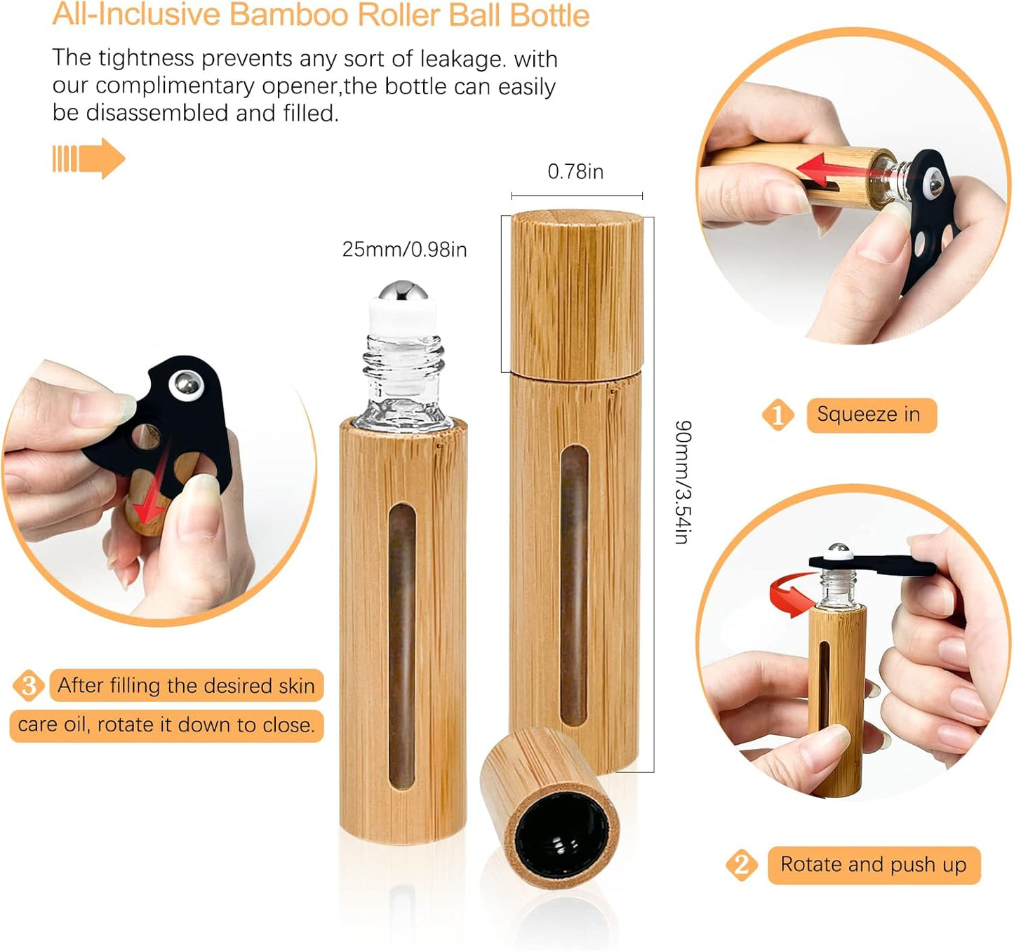 KALYLOC 12Pcs 10ml Bamboo Roll on Bottles for Essential Oils, Refillable Perfume Sample With Stainless Steel Roller, 2Pcs Openers and 2Pcs 3ml Funnels