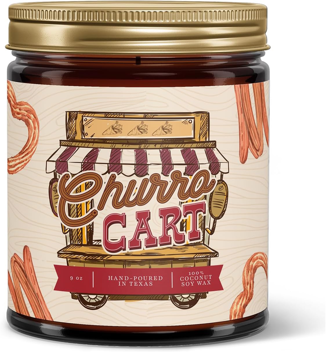 Fantaswick's Churro Cart Scented Candle | 100% Natural Coconut Soy Wax & Cotton Wick in Amber Candle Jar | Hand-Poured in Texas | 9oz