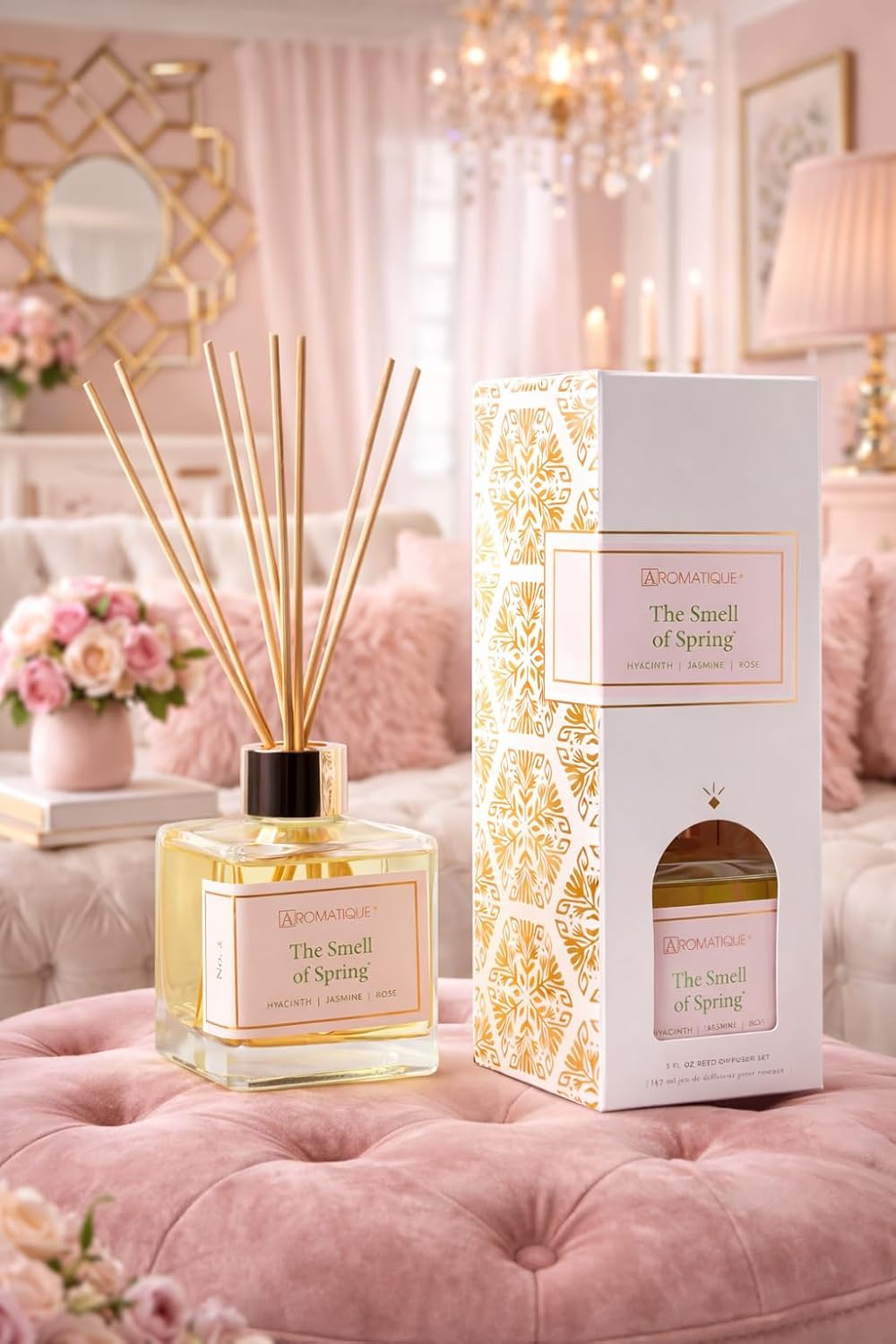 Aromatique, Reed Diffuser Set, Reusable, Refillable Glass Vessel Includes 8 Reed Sticks, Flame Free, Luxury Home Decor Fragance, Boxed for Gifting, (Standard, Smell of Spring)
