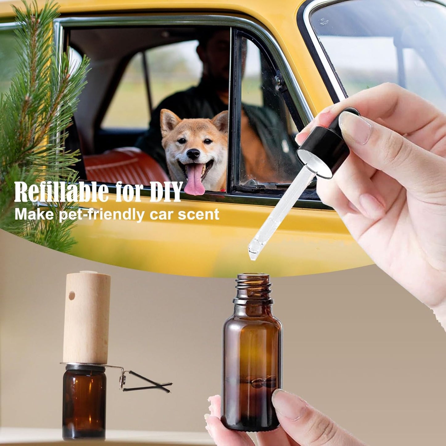 Refillable Lemon Car Scent 30 Days’ Odor Fighting Non-toxic Strong Natural Fresh Fragrance, Vent Clip Wood Diffuser & Pure Essential Oils Auto Air Freshener (1x Beech Diffuser + 10ml Oil)