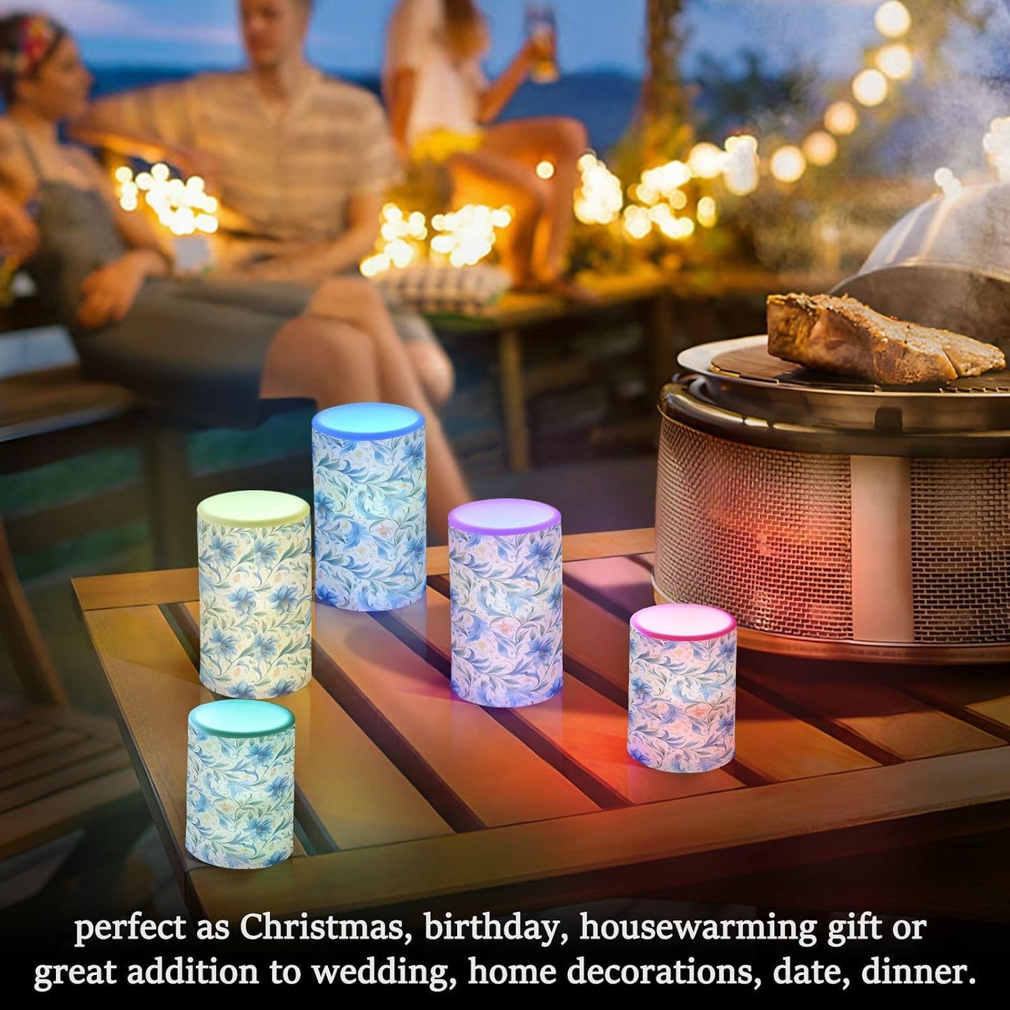 ALAZA Flowers Floral Blue Flickering Flameless Candles Battery Operated with Remote Timer,Tea Light Candles LED Pillar Votive Candles Set of 2 for Outdoor Indoor Decorations