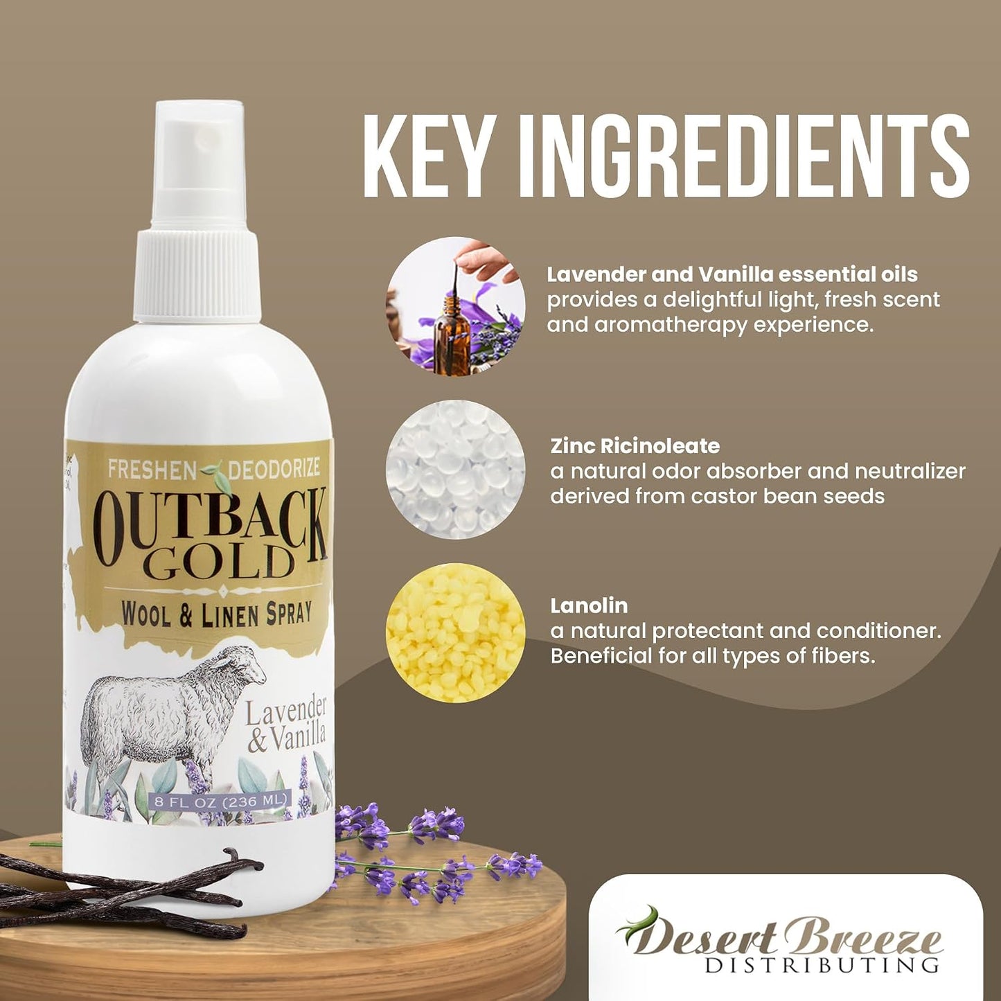 Outback Gold - Linen Spray & Fabric Freshener Spray, Natural Bed Spray for Wool & Linen, Lavender & Vanilla Scent, Essential Oils, Eco-Friendly Deodorizer for Home Fabrics, 8 Fl Oz