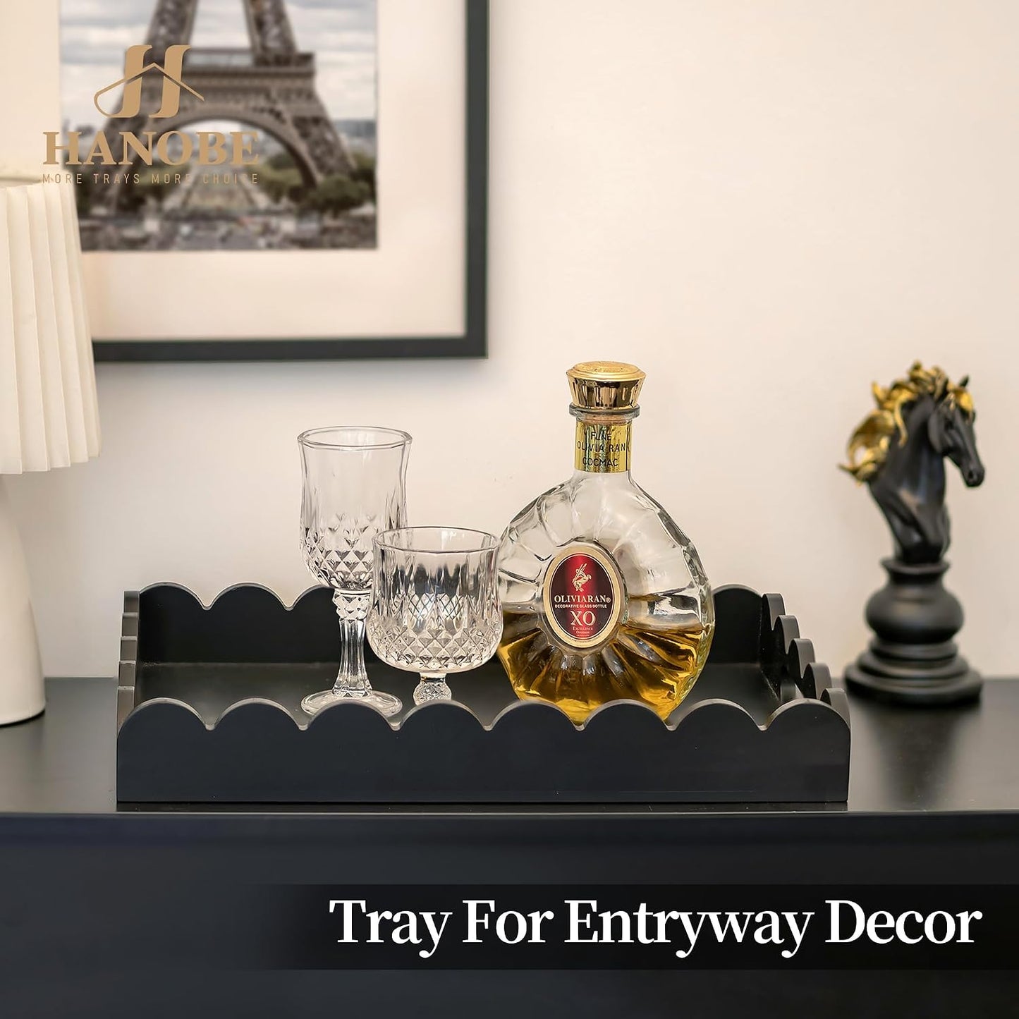 Hanobe Decorative Tray for Coffee Table: Serving Tray Decor with Scalloped Edge - Black Entryway Decor for Living Room Kitchen Counter