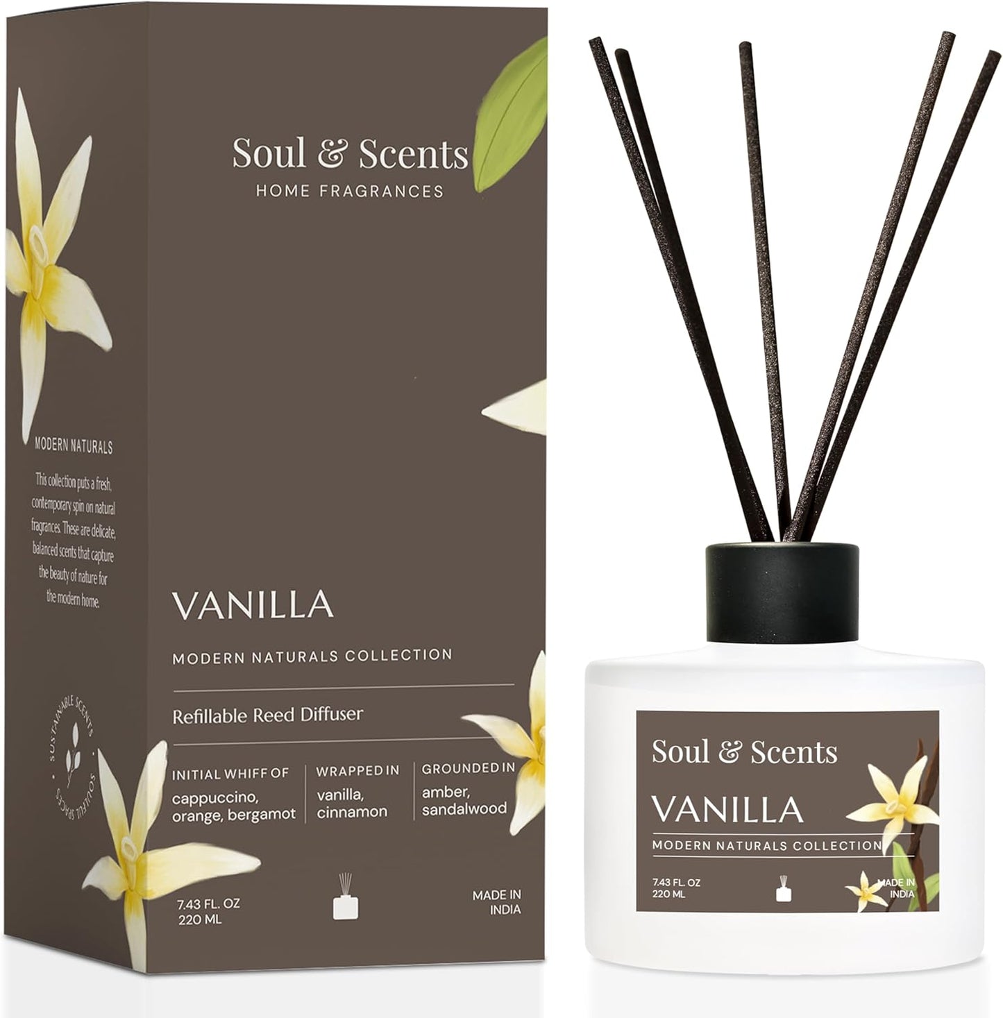 Soul & Scents Reed Diffuser Set – Vanilla | 7.43 oz Refillable Scented Oil with 6 Fiber Sticks | Long-Lasting Home Fragrance & Air Freshener for Bedroom, Bathroom, Office | Gift & Décor Piece