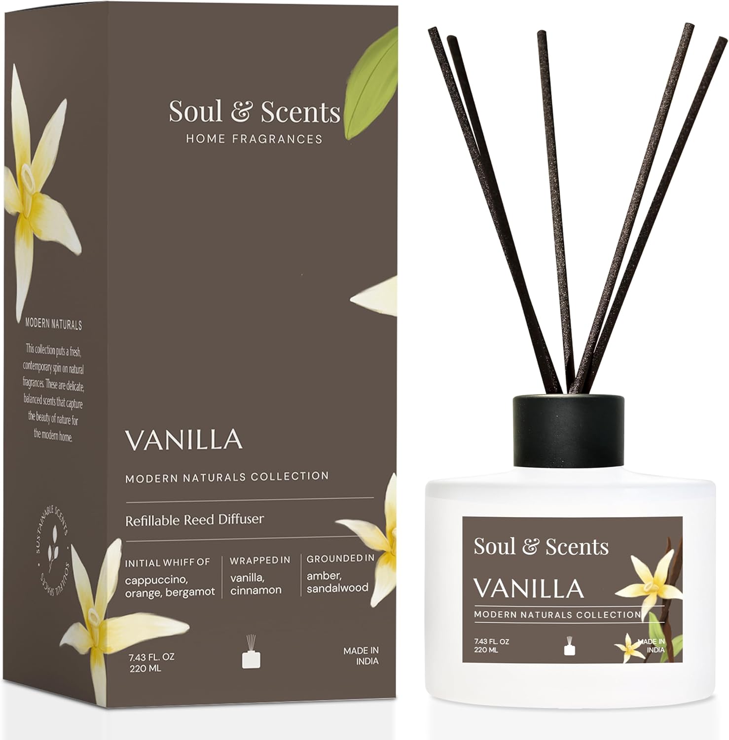 Soul & Scents Reed Diffuser Set – Vanilla | 7.43 oz Refillable Scented Oil with 6 Fiber Sticks | Long-Lasting Home Fragrance & Air Freshener for Bedroom, Bathroom, Office | Gift & Décor Piece