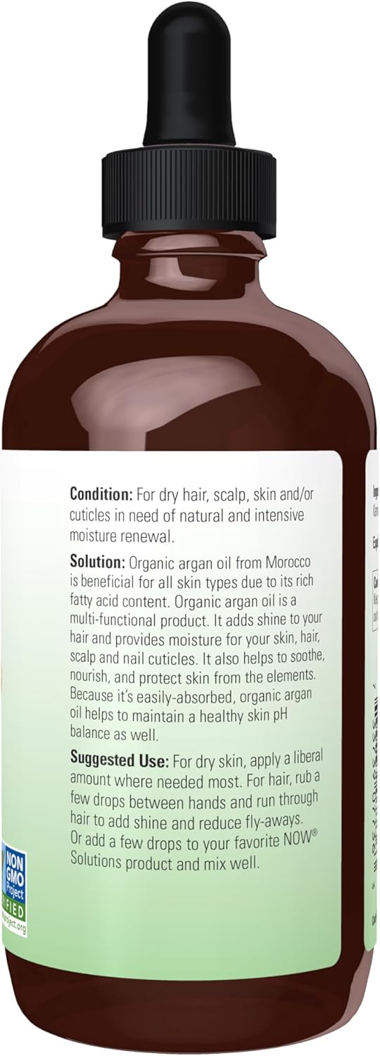 NOW Foods Solutions, Organic Argan Oil, Certified Organic and 100% Pure, "Gold of Morocco" Multi-Purpose Oil, 4-Ounce