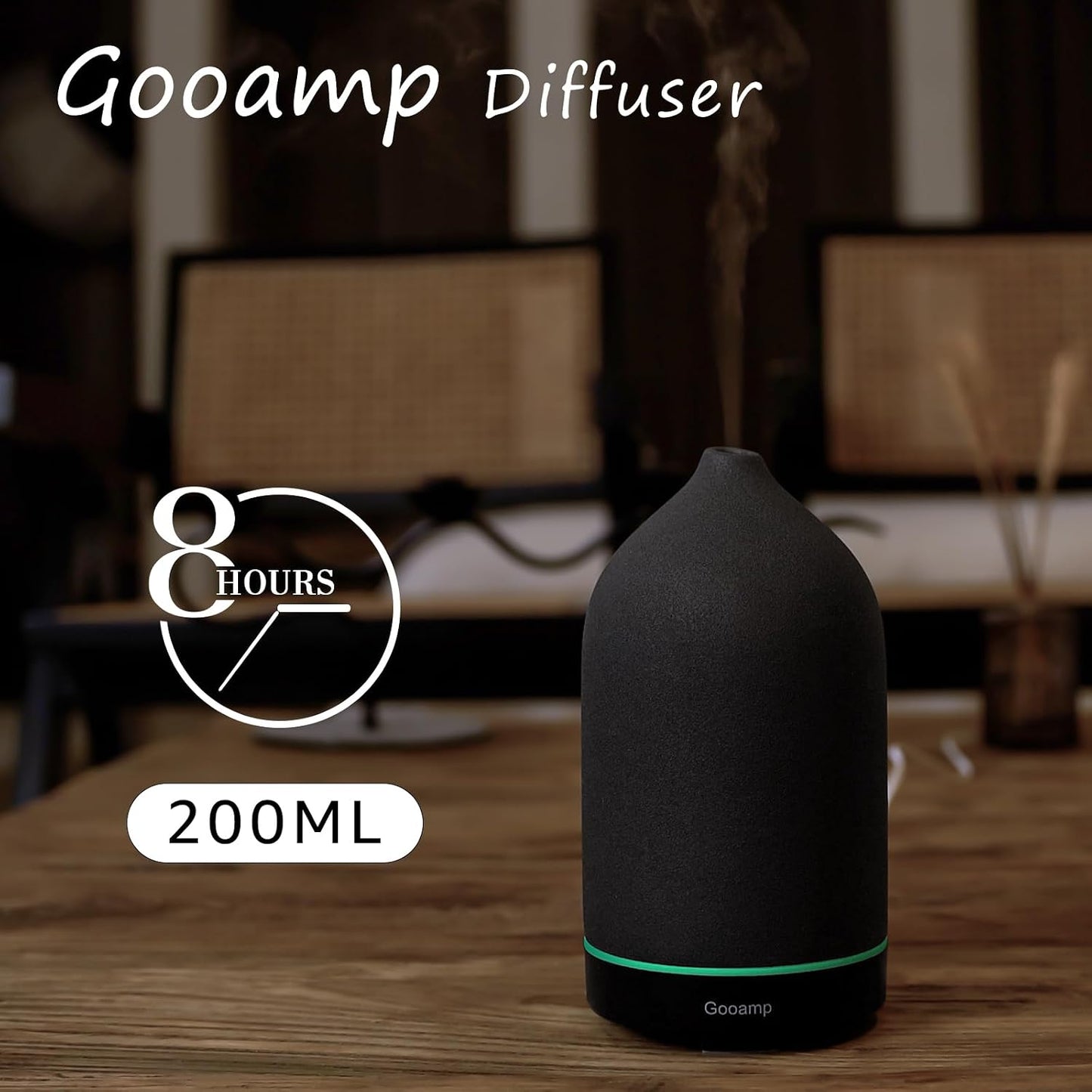 Gooamp 200ML Ceramic Essential Oil Diffuser - Ultrasonic Aromatherapy & Humidifier with 7-Color LED Lights, Auto Shut-Off, Black, 1H/3H/6H Timer | Scent for Home, Office, Yoga