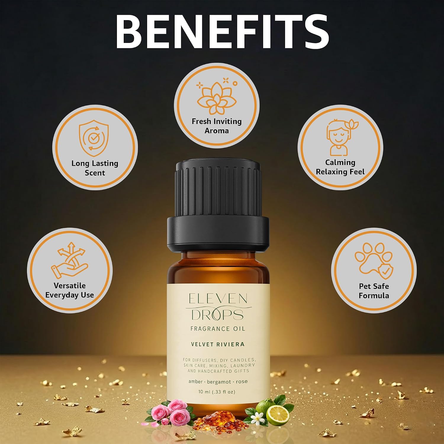 Velvet Riviera Fragrance Oil | Amber, Bergamot & Rose Notes | Long Lasting Scent Reed Diffuser Oil for Home, Office, Hotel, Spa, Car & Linen Spray | Pet Friendly IFRA Compliant, 10 ml