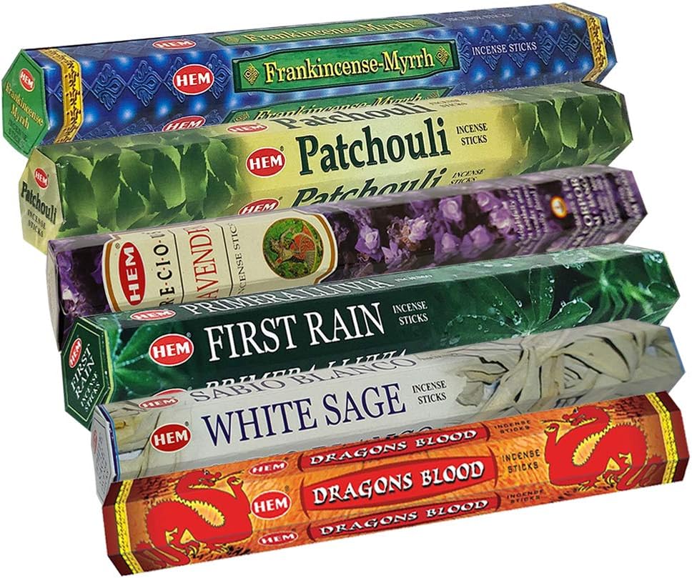Hem Incense Sticks Variety Pack #23-120 Insence-Sticks (6 Incents x 20 Insense) + Incense Stick Holder with 6 Most Liked Scents Including Patchouli Dragons Blood White Sage Frankincense-Myrrh