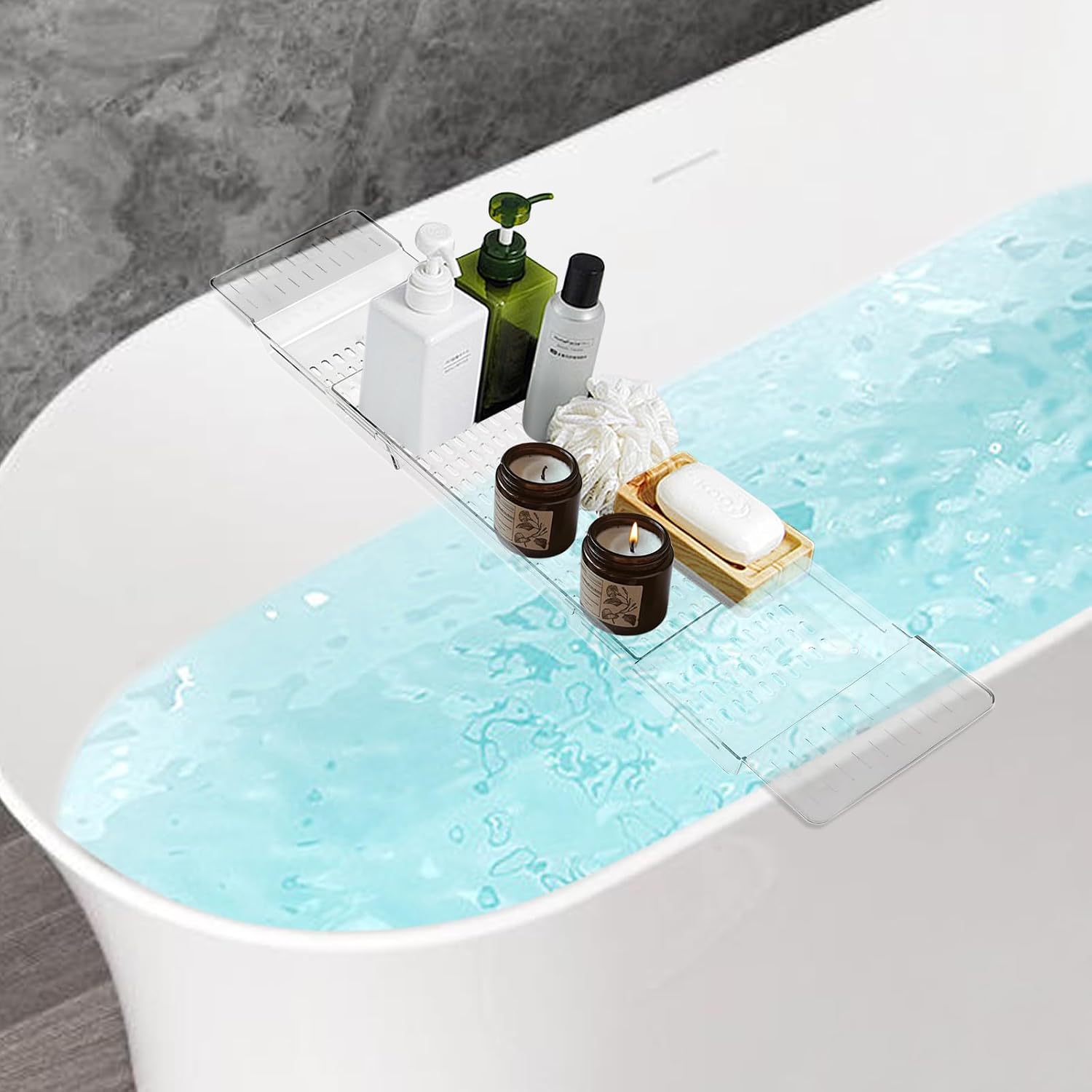 Expandable Clear Bathtub Tray, 24–32 in Slide-Out Flat Bath Shelf, Plastic Waterproof Spa Caddy for Tub & Shower, No-Slip Side Grips, Book Phone Wine Rest, Lightweight Easy-Wipe Storage Board