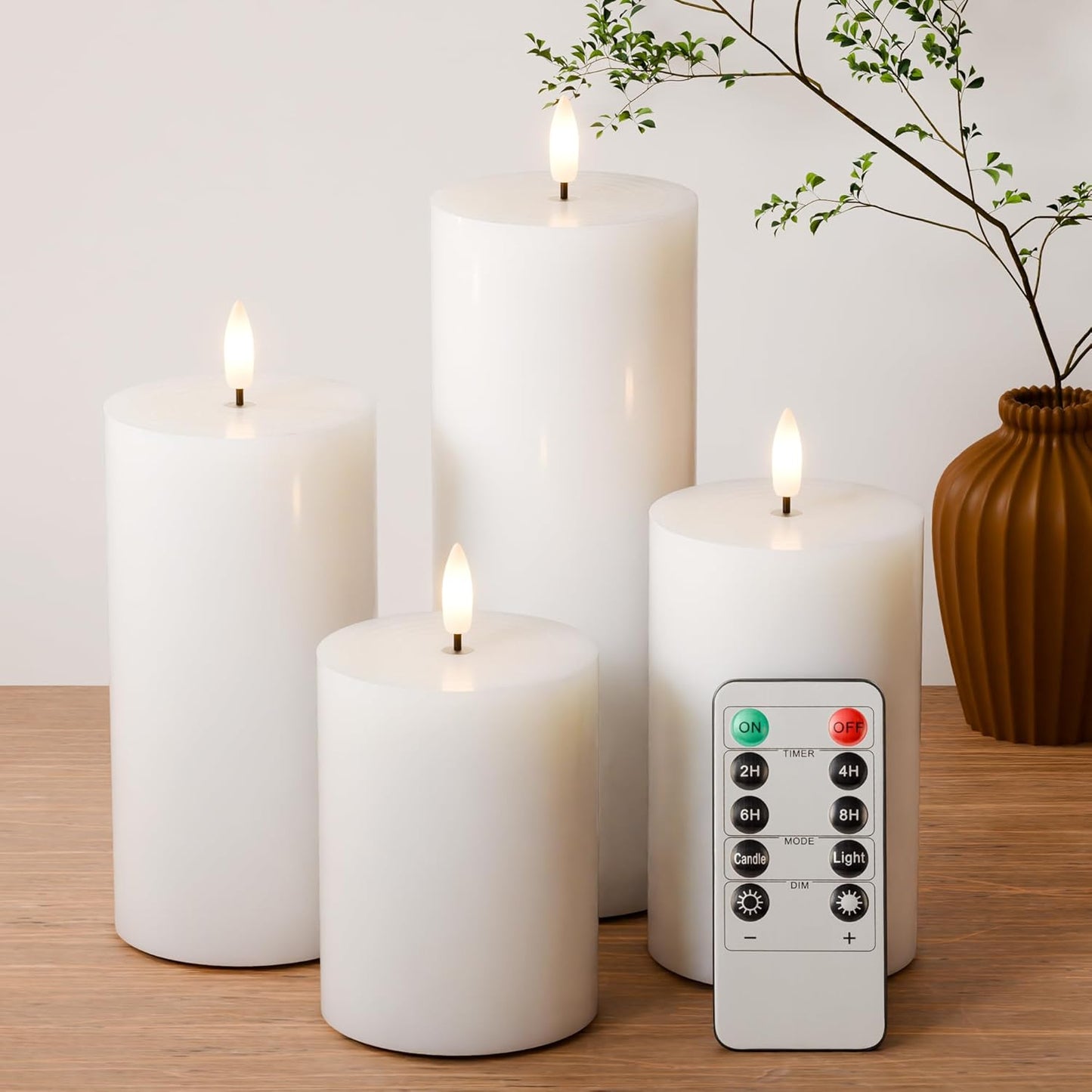 White Flameless Pillar Candles, Battery Operated Wax Candles with Remote, Flat Top Flickering Flameless Candles, LED Candle for Home, Wedding, Party Decor, Set of 4, Φ 3" H 4" 5" 6" 8"