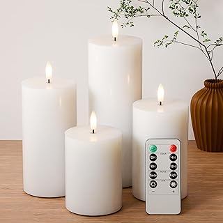 White Flameless Pillar Candles, Battery Operated Wax Candles with Remote, Flat Top Flickering Flameless Candles, LED Candle for Home, Wedding, Party Decor, Set of 4, Φ 3" H 4" 5" 6" 8"