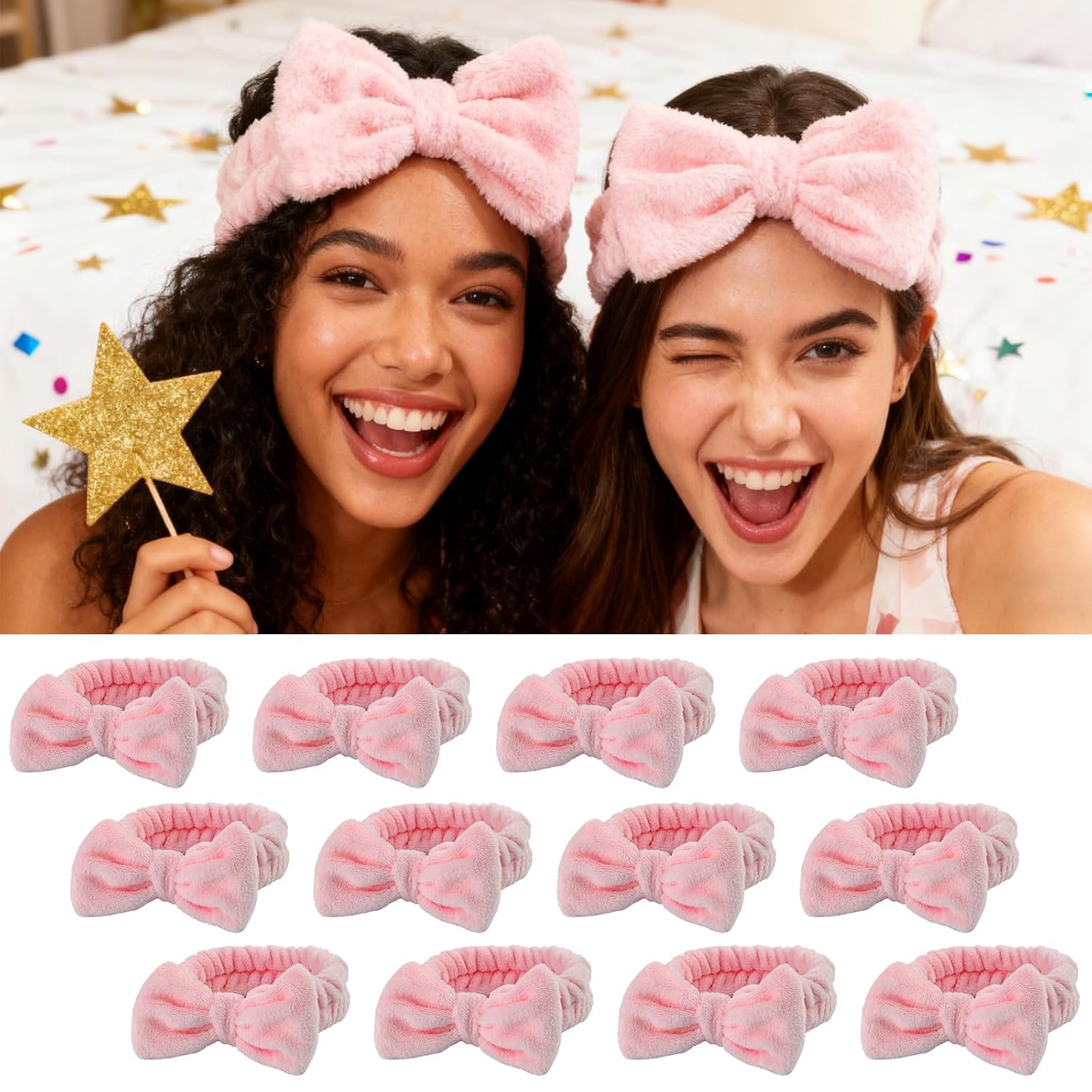 Spa Headbands,Makeup Headbands for Women,Facial Headband Bulk,Soft Coral Fleece Headband for Makeup,Cosmetic Head Wraps,Bow Hair Bands for Face Washing Shower Skin Care (pink, 12pcs)