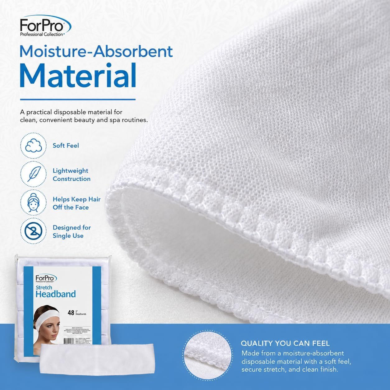 ForPro Professional Collection Stretch Headbands - Moisture Absorbent Disposable Spa - 2.25” W x 18” C - 48-Count