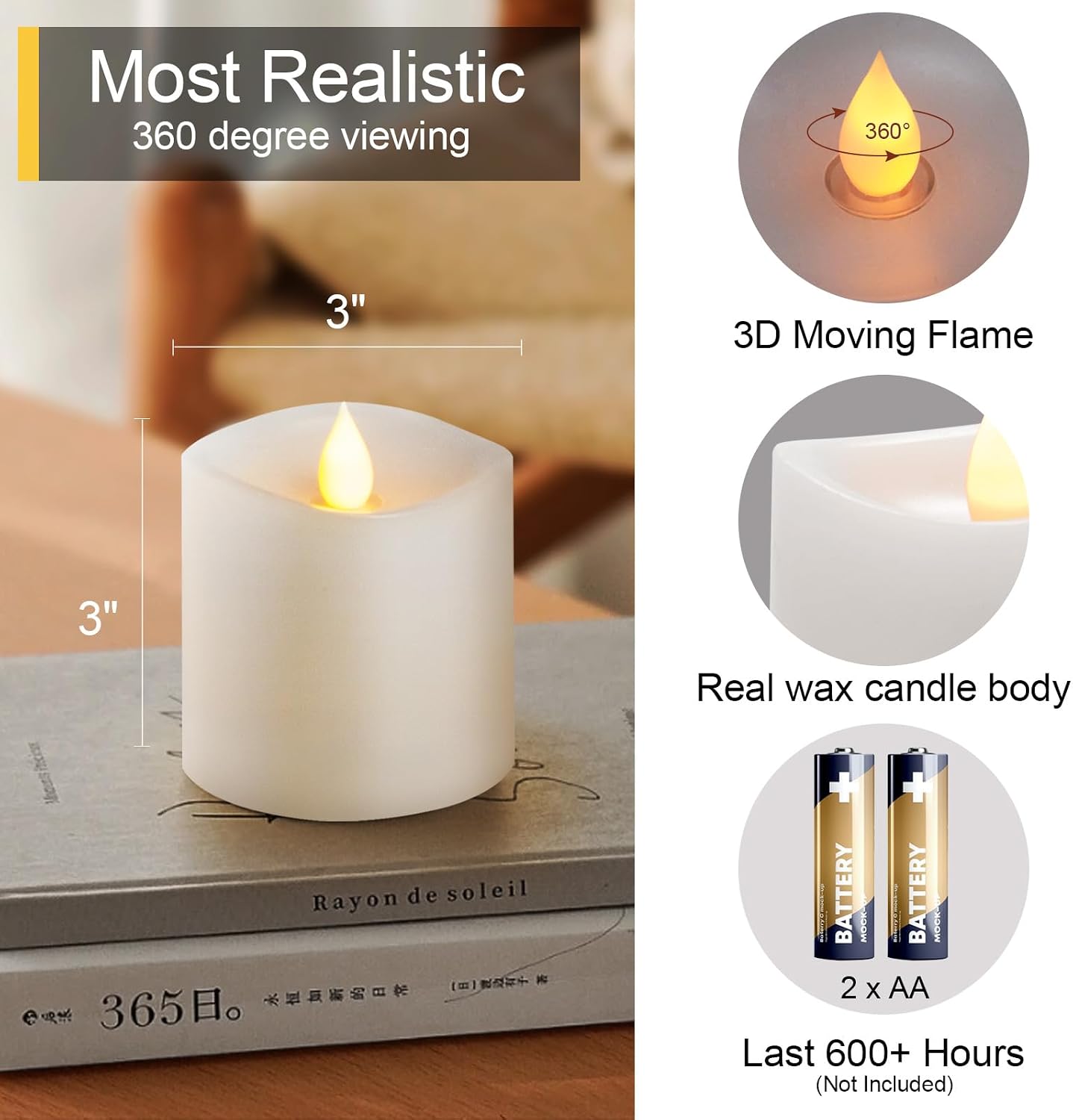 3x3 Flameless Candles with Remote Set of 1, 3 inch Battery Candles Flickering with Timer, LED Pillar Candle for Indoor/Outdoor, White