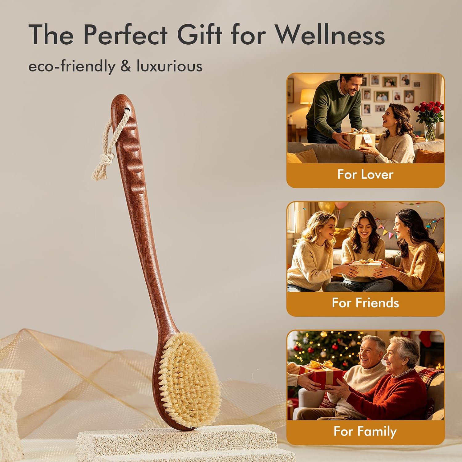 Dry Brushing Body Brush, 16Inch Long Handle Natural Back Scrubber for Shower for Lymphatic Drainage, Exfoliating & Cellulite - Wood Shower Brush for Men, Women & Elderly