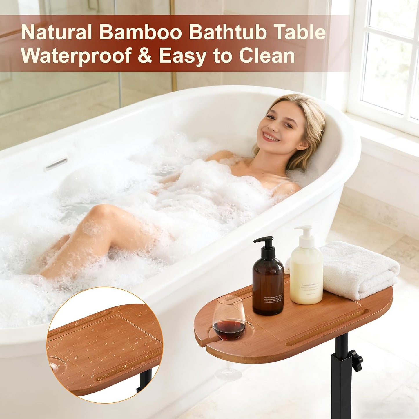 Bamboo Bathtub Side Table, 360° Swivel Height Adjustable Freestanding Bath Caddy Tray Organizer with 5 Storage, Luxury Home Spa Bathroom Essential (Walnut)