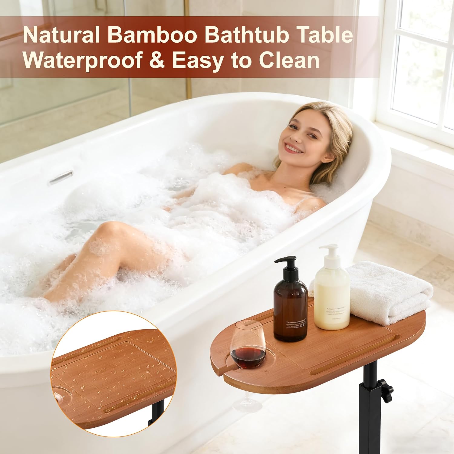 Bamboo Bathtub Side Table, 360° Swivel Height Adjustable Freestanding Bath Caddy Tray Organizer with 5 Storage, Luxury Home Spa Bathroom Essential (Walnut)