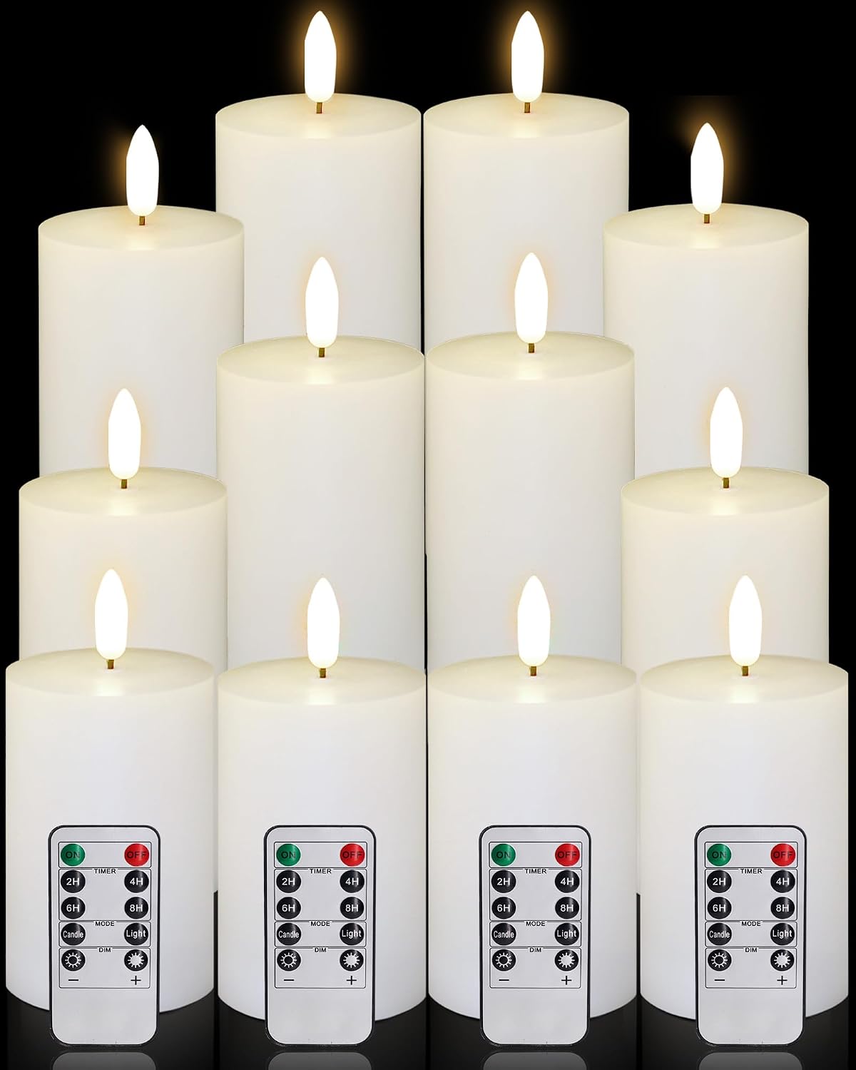 12 Pcs White Flameless Candles Flat Top LED Candles with Remote Timer, Pillar Flameless Candle Bulk Flickering Battery Operated Candle for Wedding Festival Outdoor Home Decor D 3'' H 4'' 5'' 6''