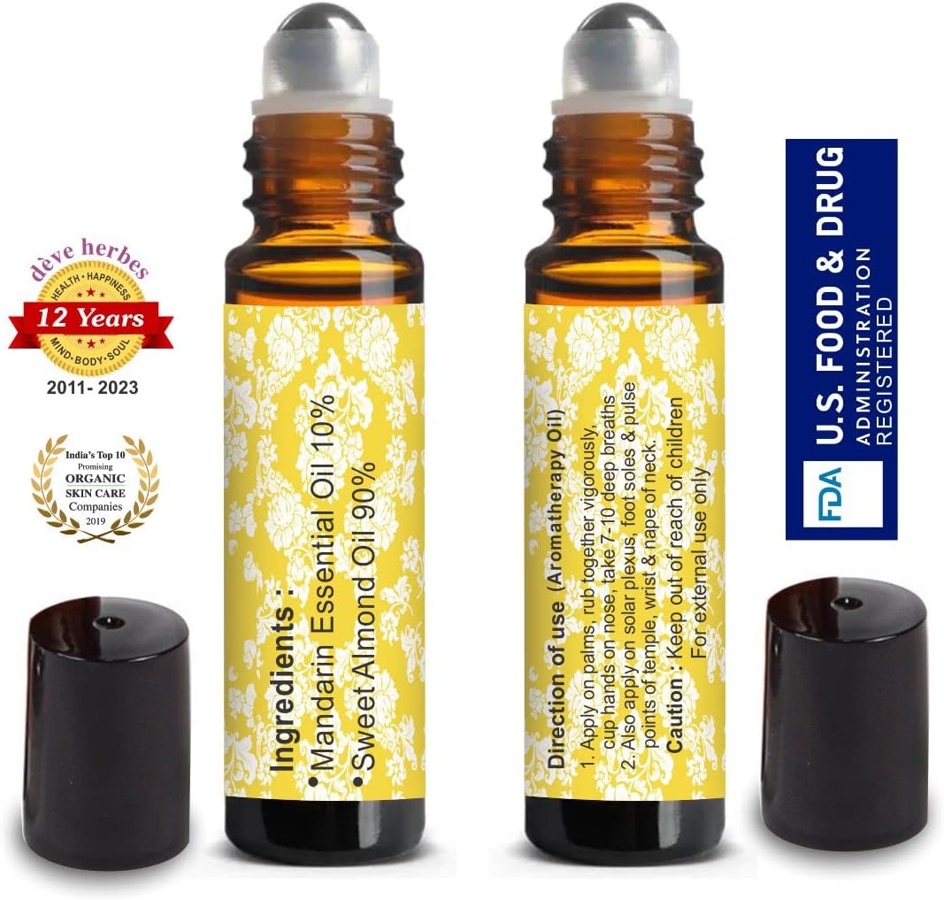 Deve Herbes Mandarin Essential Oil (Citrus reticulata) Pre Diluted Ready to Use Roll-on Blend for Aromatherapy and Topical Skin Application for Kids and Adults 10ml (0.33 oz)