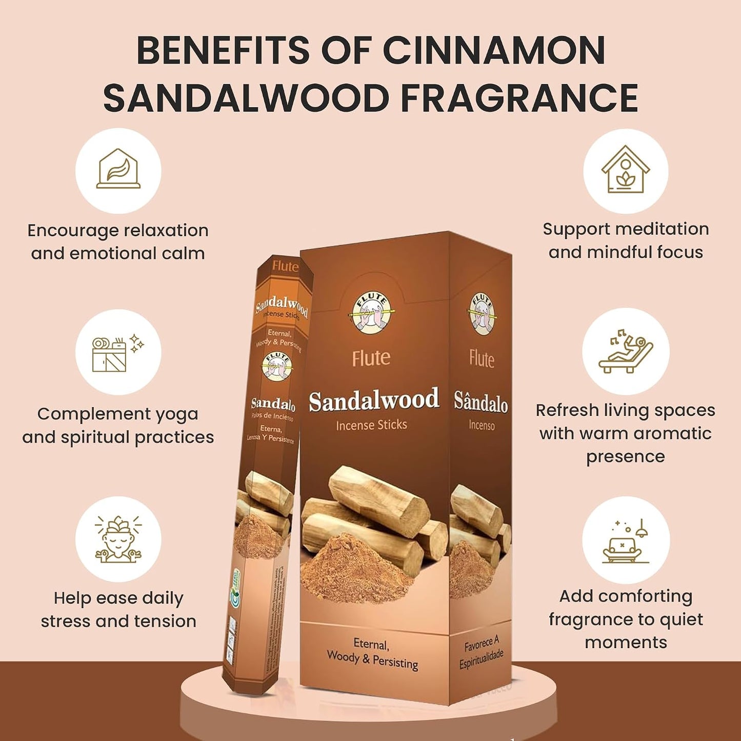 Flute Sandalwood Incense Sticks – Classic Woody Sandalwood Incense for Meditation, Prayer & Relaxation – 20 Sticks/Pack, 6 Packs/Box (9 Inch, 120 Sticks) | 40 Minutes Burn Time
