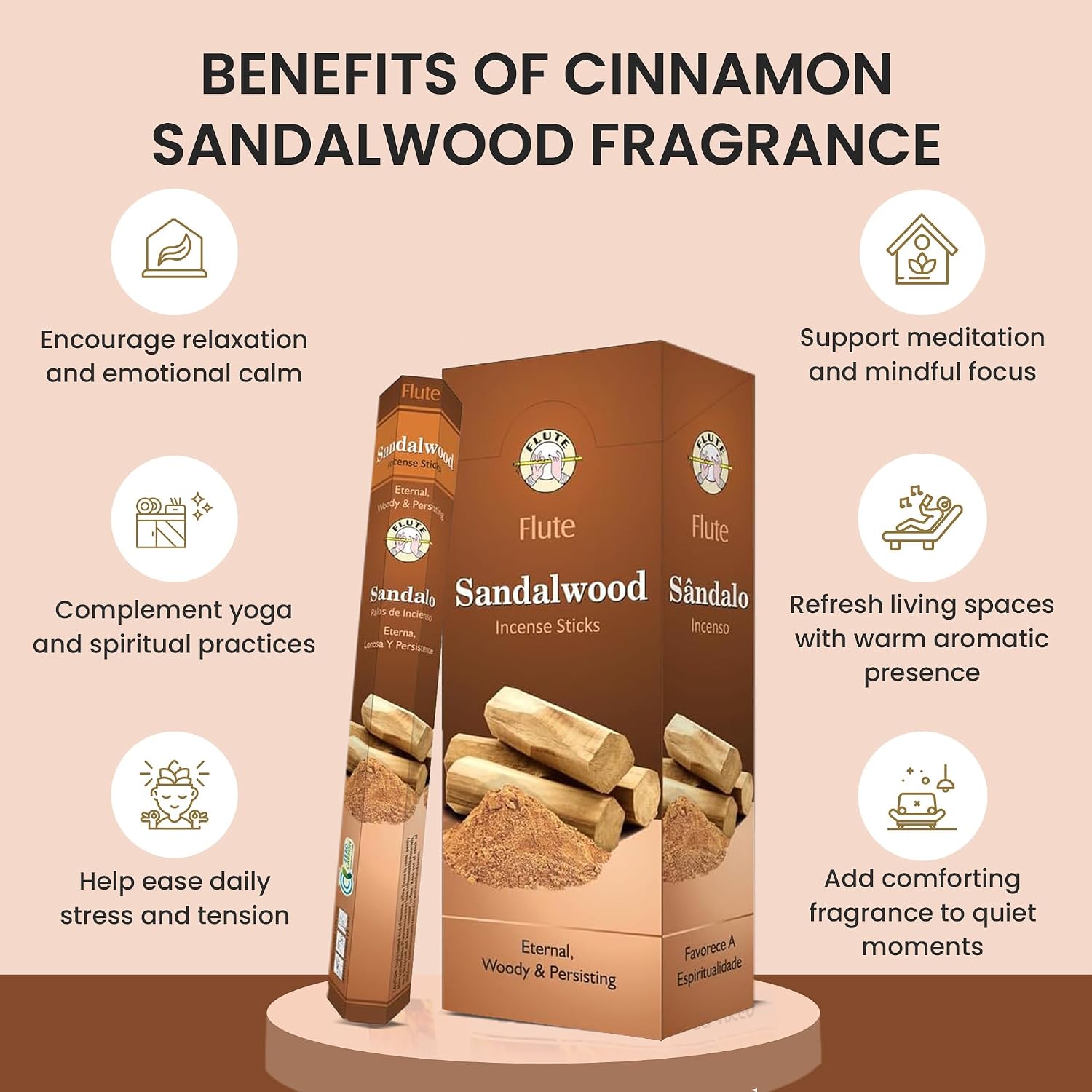 Flute Sandalwood Incense Sticks – Classic Woody Sandalwood Incense for Meditation, Prayer & Relaxation – 20 Sticks/Pack, 6 Packs/Box (9 Inch, 120 Sticks) | 40 Minutes Burn Time