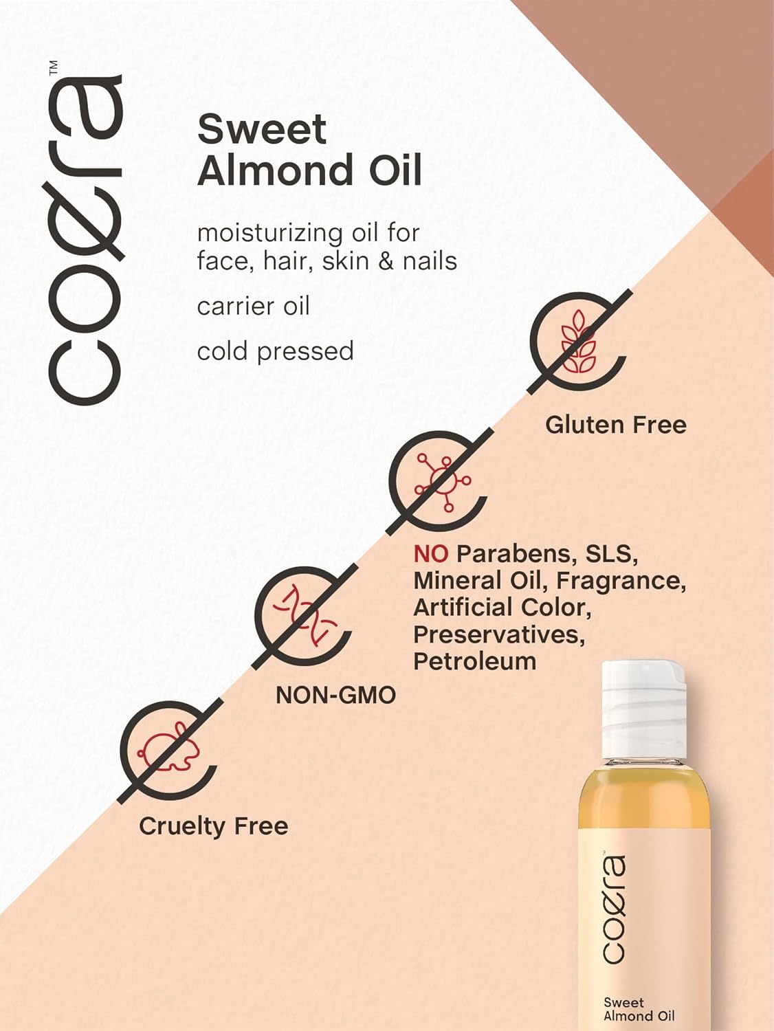 Coera Sweet Almond Oil | 4 fl oz | For Hair, Skin, Face, and Body | Cold Pressed & Hexane Free | Free of Parabens, SLS, & Fragrances