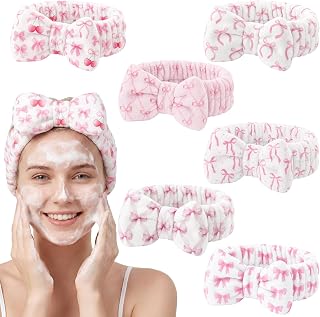 Cuffbow 6 Pcs Pink Bow Spa Headbands for Women Cute Coral Fleece Makeup Headband Set Soft Facial Hair Bands for Washing Face Skincare Shower Spa Party Favors Teen Girls Gifts Daily Use Adults