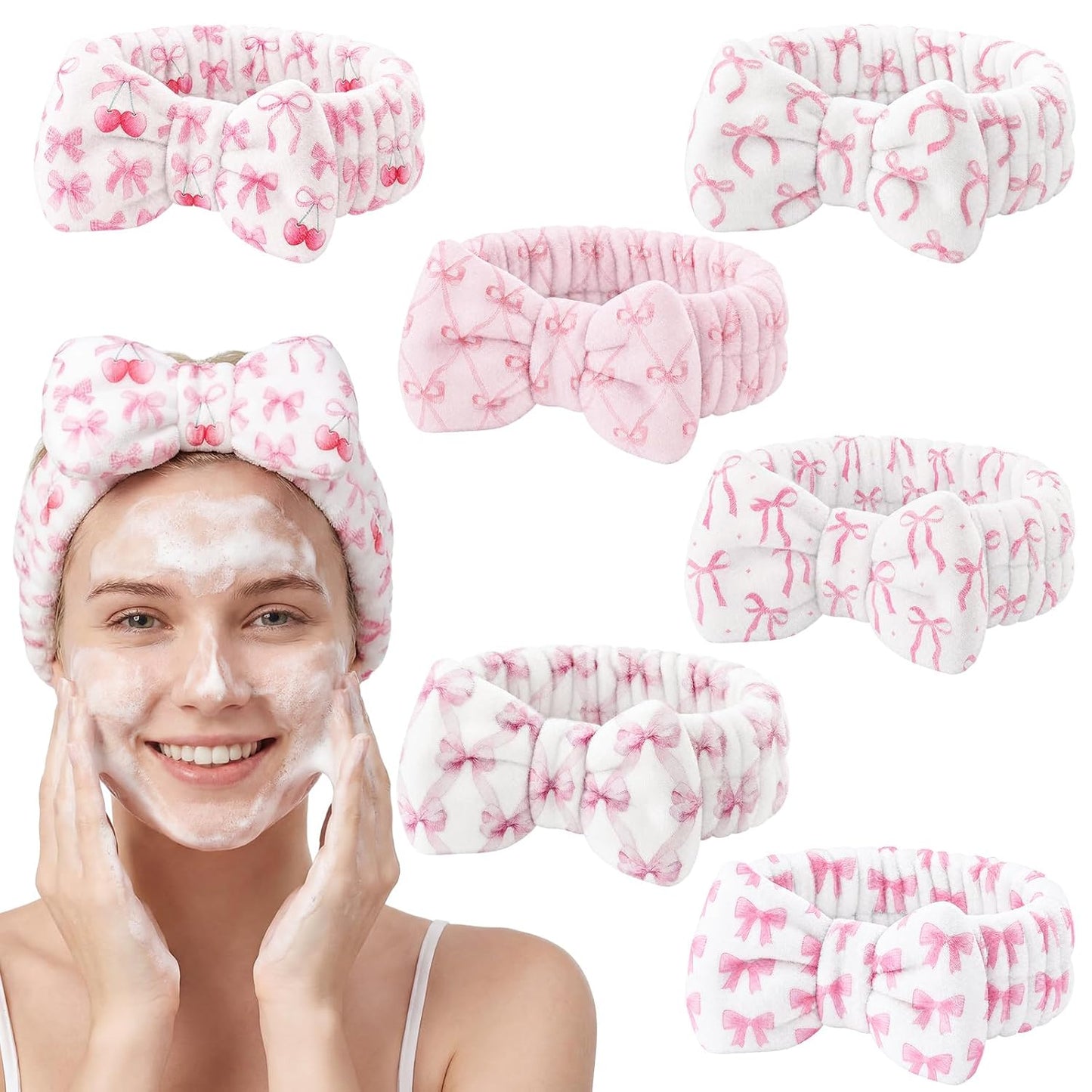 Cuffbow 6 Pcs Pink Bow Spa Headbands for Women Cute Coral Fleece Makeup Headband Set Soft Facial Hair Bands for Washing Face Skincare Shower Spa Party Favors Teen Girls Gifts Daily Use Adults