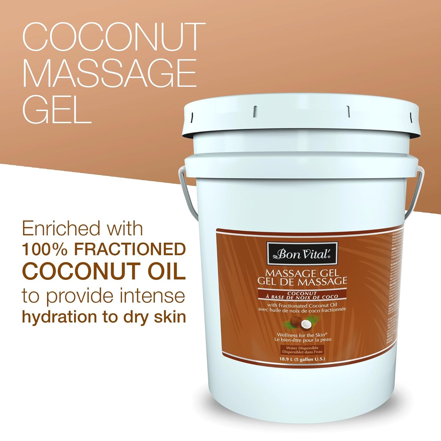 Bon Vital' Coconut Massage Gel, 5 Gallon, Lightweight Formula with Pure Fractionated Coconut Oil, Professional Therapy Lotion, Hydrating and Unscented