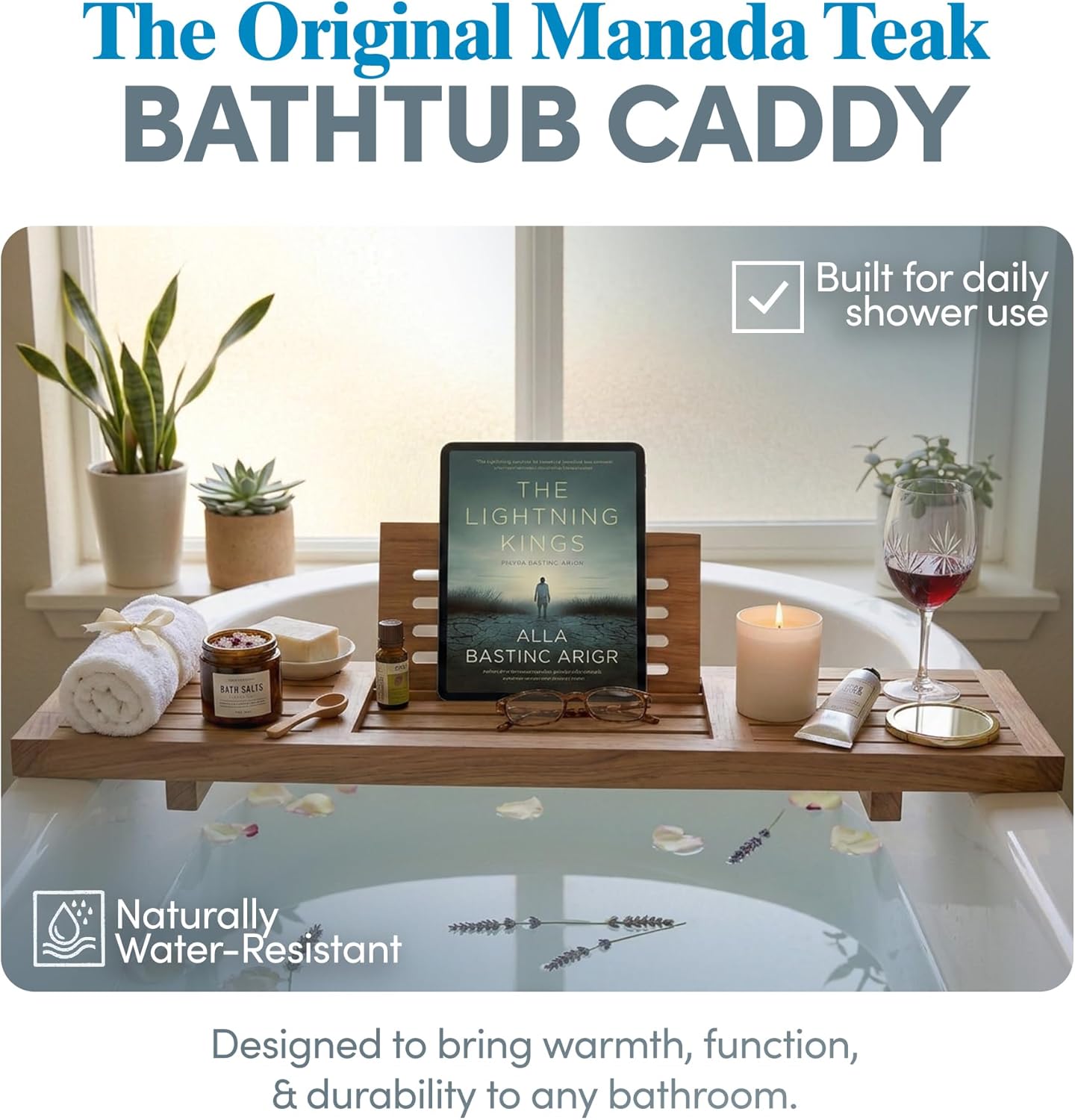 AquaTeak 30" Manada Teak Bathtub Tray Caddy - Durable, Water-Resistant Bath Tray for Tub with Foldable Book & Tablet Stand - Fits Standard Soaking Bathtubs - Bathroom Accessories for Spa