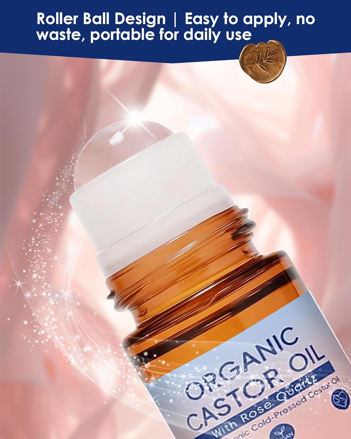 PAYDVOIER Organic Castor Oil with Rose Quartz Roller, 100% Pure Cold-Pressed, Organic Castor Oil Roll On Rose Quartz, Hexane-Free,Amber Glass Bottle for Skin 1.7 Oz.