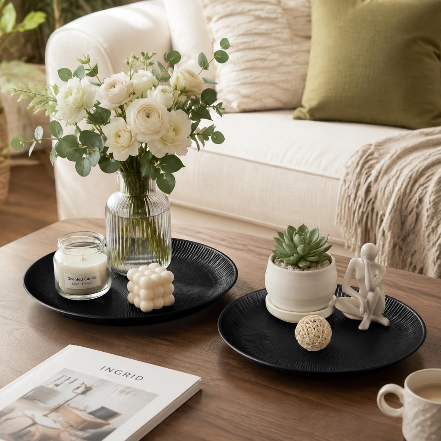 2 Pack Candle Holder Tray, 11 Inch Metal Decorative Tray with Corrugated Edge, Round Vanity Tray for Perfume Jewelry, Counter Organizer Serving Tray for Coffee Table Centerpiece Kitchen
