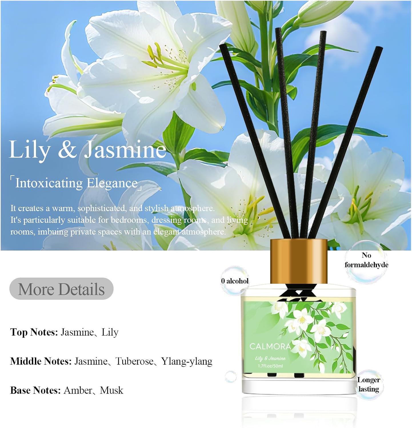 CALMORA Reed Diffuser Gift Set of 3, 50ml Home Fragrance Diffuser with 15 Reeds Sticks | Flameless Lily & Jasmine/Lavender/Fresh Linen Scented Oil for Women, Mom, Housewarming